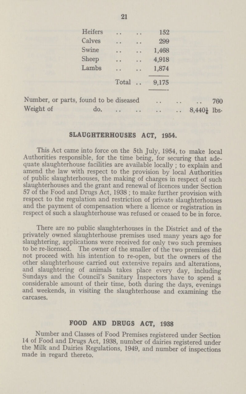 21 Heifers 152 Calves 299 Swine 1,468 Sheep 4,918 Lambs 1,874 Total 9,175 Number, or parts, found to be diseased 760 Weight of do 8,440½ lbs. SLAUGHTERHOUSES ACT, 1954. This Act came into force on the 5th July, 1954, to make local Authorities responsible, for the time being, for securing that ade quate slaughterhouse facilities are available locally; to explain and amend the law with respect to the provision by local Authorities of public slaughterhouses, the making of charges in respect of such slaughterhouses and the grant and renewal of licences under Section 57 of the Food and Drugs Act, 1938; to make further provision with respect to the regulation and restriction of private slaughterhouses and the payment of compensation where a licence or registration in respect of such a slaughterhouse was refused or ceased to be in force. There are no public slaughterhouses in the District and of the privately owned slaughterhouse premises used many years ago for slaughtering, applications were received for only two such premises to be re-licensed. The owner of the smaller of the two premises did not proceed with his intention to re¬open, but the owners of the other slaughterhouse carried out extensive repairs and alterations, and slaughtering of animals takes place every day, including Sundays and the Council's Sanitary Inspectors have to spend a considerable amount of their time, both during the days, evenings and weekends, in visiting the slaughterhouse and examining the carcases. FOOD AND DRUGS ACT, 1938 Number and Classes of Food Premises registered under Section 14 of Food and Drugs Act, 1938, number of dairies registered under the Milk and Dairies Regulations, 1949, and number of inspections made in regard thereto.