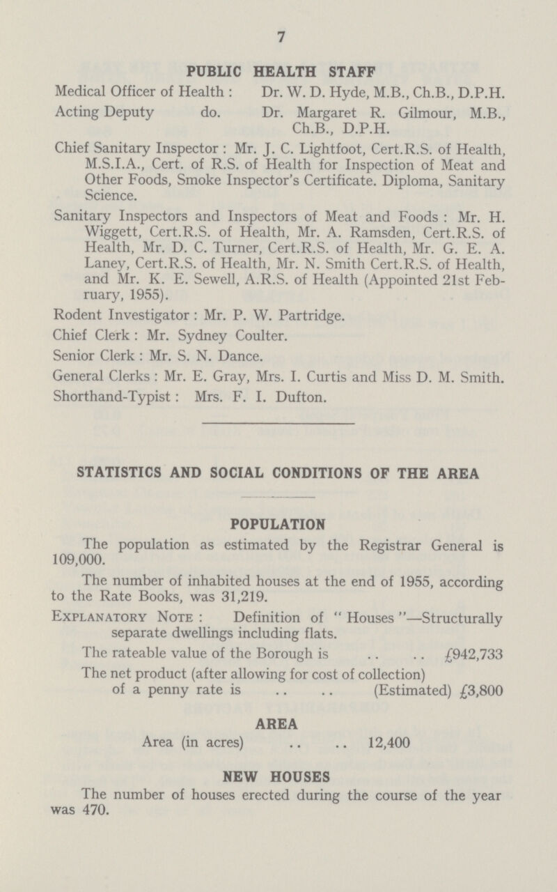 7 PUBLIC HEALTH STAFF Medical Officer of Health : Dr. W. D. Hyde, M.B., Ch.B., D.P.H. Acting Deputy do. Dr. Margaret R. Gilmour, M.B., Ch.B., D.P.H. Chief Sanitary Inspector : Mr. J. C. Lightfoot, Cert.R.S. of Health, M.S.I.A., Cert, of R.S. of Health for Inspection of Meat and Other Foods, Smoke Inspector's Certificate. Diploma, Sanitary Science. Sanitary Inspectors and Inspectors of Meat and Foods : Mr. H. Wiggett, Cert.R.S. of Health, Mr. A. Ramsden, Cert.R.S. of Health, Mr. D. C. Turner, Cert.R.S. of Health, Mr. G. E. A. Laney, Cert.R.S. of Health, Mr. N. Smith Cert.R.S. of Health, and Mr. K. E. Sewell, A.R.S. of Health (Appointed 21st Feb ruary, 1955). Rodent Investigator: Mr. P. W. Partridge. Chief Clerk : Mr. Sydney Coulter. Senior Clerk : Mr. S. N. Dance. General Clerks: Mr. E. Gray, Mrs. I. Curtis and Miss D. M. Smith. Shorthand-Typist: Mrs. F. I. Dufton. STATISTICS AND SOCIAL CONDITIONS OF THE AREA POPULATION The population as estimated by the Registrar General is 109,000. The number of inhabited houses at the end of 1955, according to the Rate Books, was 31,219. Explanatory Note : Definition of Houses —Structurally separate dwellings including flats. The rateable value of the Borough is £942,733 The net product (after allowing for cost of collection) of a penny rate is (Estimated) £3,800 AREA Area (in acres) 12,400 NEW HOUSES The number of houses erected during the course of the year was 470.