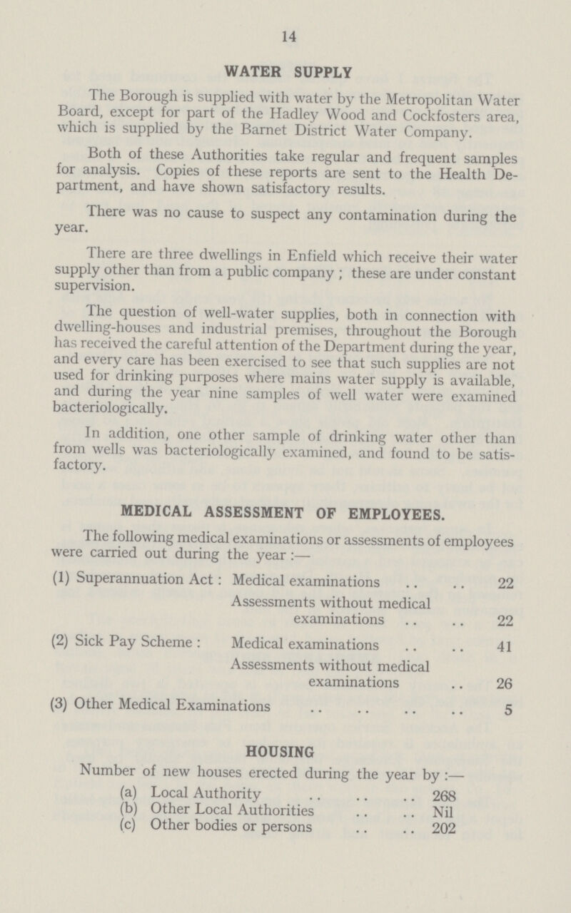 14 WATER SUPPLY The Borough is supplied with water by the Metropolitan Water Board, except for part of the Hadley Wood and Cockfosters area, which is supplied by the Barnet District Water Company. Both of these Authorities take regular and frequent samples for analysis. Copies of these reports are sent to the Health De partment, and have shown satisfactory results. There was no cause to suspect any contamination during the year. There are three dwellings in Enfield which receive their water supply other than from a public company ; these are under constant supervision. The question of well-water supplies, both in connection with dwelling-houses and industrial premises, throughout the Borough has received the careful attention of the Department during the year, and every care has been exercised to see that such supplies are not used for drinking purposes where mains water supply is available, and during the year nine samples of well water were examined bacteriologically. In addition, one other sample of drinking water other than from wells was bacteriologically examined, and found to be satis factory. MEDICAL ASSESSMENT OF EMPLOYEES. The following medical examinations or assessments of employees were carried out during the year:— (1) Superannuation Act: Medical examinations 22 Assessments without medical examinations 22 (2) Sick Pay Scheme: Medical examinations 41 Assessments without medical examinations 26 (3) Other Medical Examinations 5 HOUSING Number of new houses erected during the year by:— (a) Local Authority 268 (b) Other Local Authorities Nil (c) Other bodies or persons 202