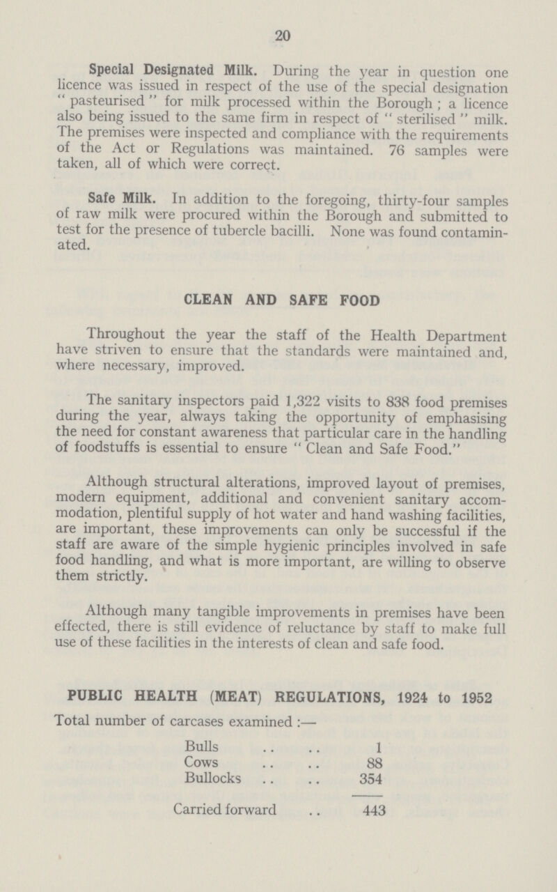 20 Special Designated Milk. During the year in question one licence was issued in respect of the use of the special designation pasteurised for milk processed within the Borough ; a licence also being issued to the same firm in respect of sterilised milk. The premises were inspected and compliance with the requirements of the Act or Regulations was maintained. 76 samples were taken, all of which were correct. Safe Milk. In addition to the foregoing, thirty-four samples of raw milk were procured within the Borough and submitted to test for the presence of tubercle bacilli. None was found contamin ated. Throughout the year the staff of the Health Department have striven to ensure that the standards were maintained and, where necessary, improved. The sanitary inspectors paid 1,322 visits to 838 food premises during the year, always taking the opportunity of emphasising the need for constant awareness that particular care in the handling of foodstuffs is essential to ensure Clean and Safe Food. Although structural alterations, improved layout of premises, modern equipment, additional and convenient sanitary accom modation, plentiful supply of hot water and hand washing facilities, are important, these improvements can only be successful if the staff are aware of the simple hygienic principles involved in safe food handling, and what is more important, are willing to observe them strictly. Although many tangible improvements in premises have been effected, there is still evidence of reluctance by staff to make full use of these facilities in the interests of clean and safe food. PUBLIC HEALTH (MEAT) REGULATIONS, 1924 to 1952 CLEAN AND SAFE FOOD Total number of carcases examined :— Bulls 1 Cows 88 Bullocks 354 Carried forward 443