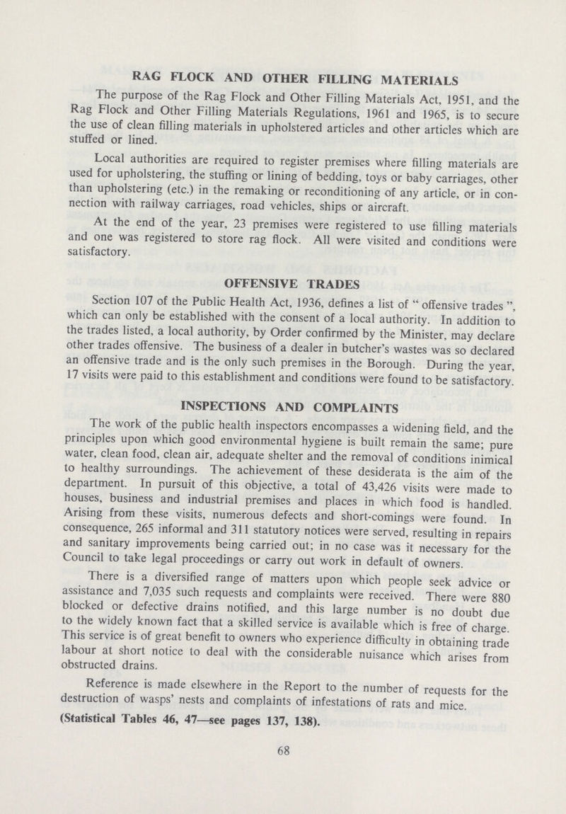 RAG FLOCK AND OTHER FILLING MATERIALS The purpose of the Rag Flock and Other Filling Materials Act, 1951, and the Rag Flock and Other Filling Materials Regulations, 1961 and 1965, is to secure the use of clean filling materials in upholstered articles and other articles which are stuffed or lined. Local authorities are required to register premises where filling materials are used for upholstering, the stuffing or lining of bedding, toys or baby carriages, other than upholstering (etc.) in the remaking or reconditioning of any article, or in con nection with railway carriages, road vehicles, ships or aircraft. At the end of the year, 23 premises were registered to use filling materials and one was registered to store rag flock. All were visited and conditions were satisfactory. OFFENSIVE TRADES Section 107 of the Public Health Act, 1936, defines a list of offensive trades, which can only be established with the consent of a local authority. In addition to the trades listed, a local authority, by Order confirmed by the Minister, may declare other trades offensive. The business of a dealer in butcher's wastes was so declared an offensive trade and is the only such premises in the Borough. During the year, 17 visits were paid to this establishment and conditions were found to be satisfactory. INSPECTIONS AND COMPLAINTS The work of the public health inspectors encompasses a widening field, and the principles upon which good environmental hygiene is built remain the same; pure water, clean food, clean air, adequate shelter and the removal of conditions inimical to healthy surroundings. The achievement of these desiderata is the aim of the department. In pursuit of this objective, a total of 43,426 visits were made to houses, business and industrial premises and places in which food is handled. Arising from these visits, numerous defects and short-comings were found. In consequence, 265 informal and 311 statutory notices were served, resulting in repairs and sanitary improvements being carried out; in no case was it necessary for the Council to take legal proceedings or carry out work in default of owners. There is a diversified range of matters upon which people seek advice or assistance and 7,035 such requests and complaints were received. There were 880 blocked or defective drains notified, and this large number is no doubt due to the widely known fact that a skilled service is available which is free of charge. This service is of great benefit to owners who experience difficulty in obtaining trade labour at short notice to deal with the considerable nuisance which arises from obstructed drains. Reference is made elsewhere in the Report to the number of requests for the destruction of wasps' nests and complaints of infestations of rats and mice. (Statistical Tables 46, 47—see pages 137, 138). 68