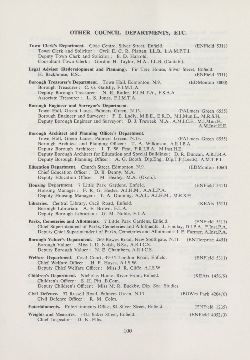 OTHER COUNCIL DEPARTMENTS, ETC. Town Clerk's Department Civic Centre, Silver Street, Enfield. (ENField 5311) Town Clerk and Solicitor: Cyril E. C. R. Platten, LL.B., L.A.M.P.T.I. Deputy Town Clerk and Solicitor : B. D. Harrold. Consultant Town Clerk : Gordon H. Taylor, M.A., LL.B. (Cantab.). Legal Adviser (Redevelopment and Planning). Fir Tree House, Silver Street, Enfield. H. Backhouse, B.Sc. (ENField 5311) Borough Treasurer's Department. Town Hall, Edmonton, N.9. (EDMonton 3000) Borough Treasurer : C. G. Gadsby, F.I.M.T.A. Deputy Borough Treasurer : N. E. Butler, F.I.M.T.A., F.S.A.A. Associate Treasurer : L. S. Jones, F.I.M.T.A. Borough Engineer and Surveyor's Department. Town Hall, Green Lanes, Palmers Green, N.13. (PALmers Green 6555) Borough Engineer and Surveyor : F. E. Ladly, M.B.E., E.R.D.. M.I.Mun.E., M.R.S.H. Deputy Borough Engineer and Surveyor : D. J. Treweek, M.A., A.M.I.C.E., M.I.Mun.E., A.M.Inst.H.E. Borough Architect and Planning Officer's Department. Town Hall, Green Lanes, Palmers Green, N.13. (PALmers Green 6555) Borough Architect and Planning Officer : T. A. Wilkinson, A.R.I.B.A. Deputy Borough Architect: J. T. W. Peat, F.R.I.B.A., M.Inst.H.E. Deputy Borough Architect for Education and Special Buildings : D. R. Duncan, A.R.I.B.A. Deputy Borough Planning Officer : A. G. Booth. Dip.Eng., Dip.T.P.(Leeds), A.M.T.P.I. Education Department. Church Street, Edmonton, N.9. (EDMonton 1060) Chief Education Officer : D. B. Denny, M.A. Deputy Education Officer : M. Healey, M.A. (Oxon.). Housing Department. 7 Little Park Gardens, Enfield. (ENField 5311) Housing Manager : F. R. G. Hester, A.I.H.M., A.A.L.P.A. Deputy Housing Manager: T. A. Dunning, A.A.I., A.I.H.M., M.R.S.H. Libraries. Central Library, Cecil Road, Enfield. (KEAts 1511) Borough Librarian: A. E. Brown, F.L.A. Deputy Borough Librarian : G. M. Noble, F.L.A. Parks, Cemeteries and Allotments. 7 Little Park Gardens, Enfield. (ENField 5311) Chief Superintendent of Parks, Cemeteries and Allotments : J. Findlay, D.I.P.A., F.Inst.P.A. Deputy Chief Superintendent of Parks, Cemeteries and Allotments: J. E. Farmer, A.Inst.P.A. Borough Valuer's Department. 269 Bowes Road, New Southgate, N.ll. (ENTterprise 4451) Borough Valuer : Miss J. D. Naish, B.Sc., A.R.I.C.S. Deputy Borough Valuer : N. E. Chambers, A.R.I.C.S. Welfare Department. Cecil Court, 49-55 London Road, Enfield. (ENField 5311) Chief Welfare Officer : H. P. Hayes, A.I.S.W. Deputy Chief Welfare Officer : Miss J. R. Cliffe, A.I.S.W. Children's Department. Nicholas House, River Front, Enfield. (KEAts 1456/9) Children's Officer : S. H. Pitt, B.Com. Deputy Children's Officer : Miss M. R. Buckby, Dip. Soc. Studies. Civil Defence. 97 Russell Road, Palmers Green, N.13. (BOWes Park 4204/6) Civil Defence Officer : R. M. Coles. Entertainments. Entertainments Office, 84 Silver Street, Enfield. (ENField 1235) Weights and Measures. 341a Baker Street, Enfield. (ENField 4052/3) Chief Inspector : D. K. Ellis. 100