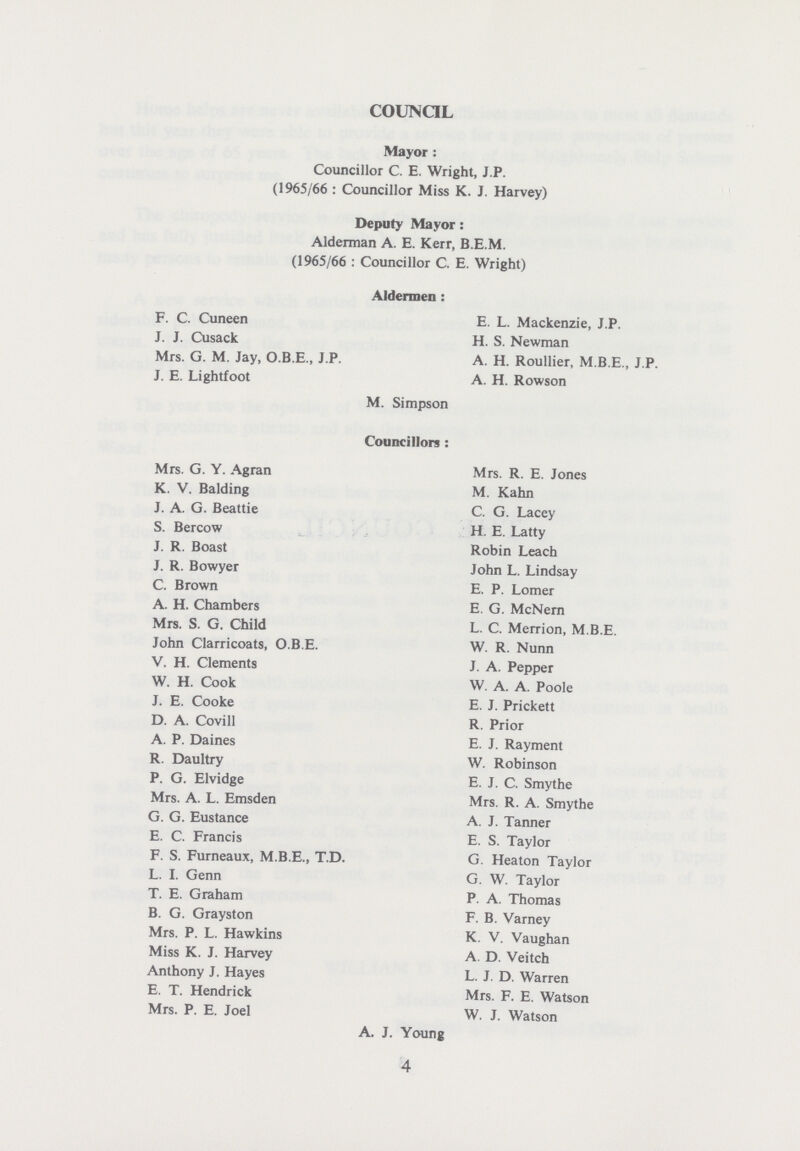 COUNCIL Mayor: Councillor C. E. Wright, J.P. (1965/66 : Councillor Miss K. J. Harvey) Deputy Mayor: Alderman A. E. Kerr, B.E.M. (1965/66 : Councillor C. E. Wright) Aldermen: F. C. Cuneen E. L. Mackenzie, J.P. J. J. Cusack H. S. Newman Mrs. G. M. Jay, O.B.E., J.P. A. H. Roullier, M.B.E., J.P. J. E. Lightfoot A. H. Rowson M. Simpson Councillors: Mrs. G. Y. Agran Mrs. R. E. Jones K. V. Balding M. Kahn J. A. G. Beattie C. G. Lacey S. Bercow H. E. Latty J. R. Boast Robin Leach J. R. Bowyer John L. Lindsay C. Brown E. P. Lomer A. H. Chambers E. G. McNern Mrs. S. G. Child L. C. Merrion, M.B.E. John Clarricoats, O.B.E. W. R. Nunn V. H. Clements J. A. Pepper W. H. Cook W. A. A. Poole J. E. Cooke E. J. Prickett D. A. Covill R. Prior A. P. Daines E. J. Rayment R. Daultry W. Robinson P. G. Elvidge E. J. C. Smythe Mrs. A. L. Emsden Mrs. R. A. Smythe G. G. Eustance A. J. Tanner E. C. Francis E. S. Taylor F. S. Furneaux, M.B.E., T.D. G. Heaton Taylor L. I. Genn G. W. Taylor T. E. Graham P. A. Thomas B. G. Grayston F. B. Varney Mrs. P. L. Hawkins K. V. Vaughan Miss K. J. Harvey A. D. Veitch Anthony J. Hayes L. J. D. Warren E. T. Hendrick Mrs. F. E. Watson Mrs. P. E. Joel W. J. Watson A. J. Young 4