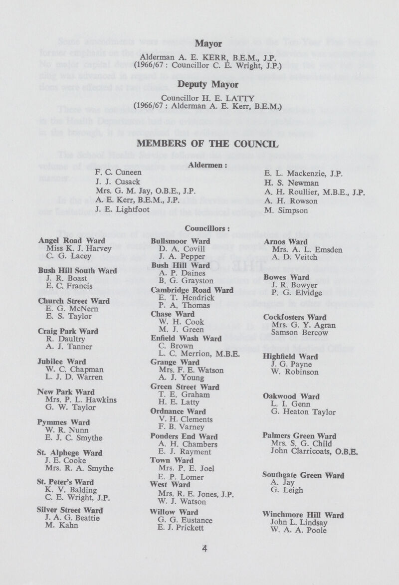 Mayor Alderman A. E. KERR, B.E.M., J.P. (1966/67 : Councillor C. E. Wright, J.P.) Deputy Mayor Councillor H. E. LATTY (1966/67 : Alderman A. E. Kerr, B.E.M.) MEMBERS OF THE COUNCIL Aldermen: F. C. Cuneen J. J. Cusack Mrs. G. M. Jay, O.B.E., J.P. A. E. Kerr, B.E.M., J.P. J. E. Lightfoot E. L. Mackenzie, J.P. H. S. Newman A. H. Roullier, M.B.E., J.P. A. H. Rowson M. Simpson Councillors: Angel Road Ward Miss K. J. Harvey C. G. Lacey Bush Hill South Ward J. R. Boast E. C. Francis Church Street Ward E. G. McNern E. S. Taylor Craig Park Ward R. Daultry A. J. Tanner Jubilee Ward W. C. Chapman L. J. D. Warren New Park Ward Mrs. P. L. Hawkins G. W. Taylor Pymmes Ward W. R. Nunn E. J. C. Smythe St. Alphege Ward J. E. Cooke Mrs. R. A. Smythe St. Peter's Ward K. V. Balding C. E. Wright, J.P. Silver Street Ward .T. A. G. Beattie M. Kahn Bullsmoor Ward D. A. Covill J. A. Pepper Bush Hill Ward A. P. Daines B. G. Grayston Cambridge Road Ward E. T. Hendrick P. A. Thomas Chase Ward W. H. Cook M. J. Green Enfield Wash Ward C. Brown L. C. Merrion, M.B.E. Grange Ward Mrs. F. E. Watson A. J. Young Green Street Ward T. E. Graham H. E. Latty Ordnance Ward V. H. Clements F. B. Varney Ponders End Ward A. H. Chambers E. J. Rayment Town Ward Mrs. P. E. Joel E. P. Lomer West Ward Mrs. R. E. Jones, J.P. W. J. Watson Willow Ward G. G. Eustance E. J. Prickett Arnos Ward Mrs. A. L. Emsden A. D. Veitch Bowes Ward J. R. Bowyer P. G. Elvidge Cockfosters Ward Mrs. G. Y. Agran Samson Bercow Highfield Ward J. G. Payne W. Robinson Oakwood Ward L. L Genn G. Heaton Taylor Palmers Green Ward Mrs. S. G. Child John Clarricoats, O.B.E. Southgate Green Ward A. Jay G. Leigh Winchmore Hill Ward John L. Lindsay W. A. A. Poole 4