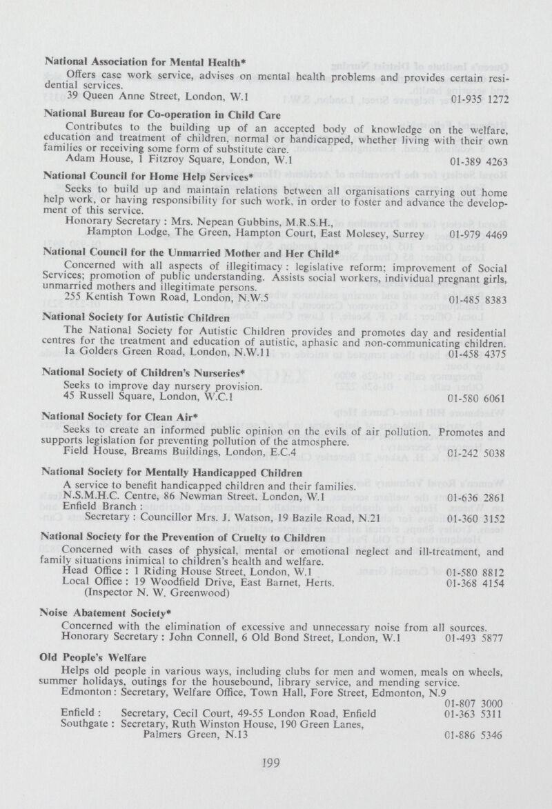 National Association for Mental Health* Offers case work service, advises on mental health problems and provides certain resi dential services. 39 Queen Anne Street, London, W.l 01-935 1272 National Bureau for Co-operation in Child Care Contributes to the building up of an accepted body of knowledge on the welfare, education and treatment of children, normal or handicapped, whether living with their own families or receiving some form of substitute care. Adam House, 1 Fitzroy Square, London, W.l 01-389 4263 National Council for Home Help Services* Seeks to build up and maintain relations between all organisations carrying out home help work, or having responsibility for such work, in order to foster and advance the develop ment of this service. Honorary Secretary : Mrs. Nepean Gubbins, M.R.S.H., Hampton Lodge, The Green, Hampton Court, East Molesey, Surrey 01-979 4469 National Council for the Unmarried Mother and Her Child* Concerned with all aspects of illegitimacy: legislative reform: improvement of Social Services; promotion of public understanding. Assists social workers, individual pregnant girls, unmarried mothers and illegitimate persons. 255 Kentish Town Road, London, N.W.5 01-485 8383 National Socicly for Autistic Children The National Society for Autistic Children provides and promotes day and residential centres for the treatment and education of autistic, aphasic and non-communicating children, la Golders Green Road, London, N.W.I 1 01-458 4375 National Society of Children's Nurseries* Seeks to improve day nursery provision. 45 Russell Square, London, W.C.I 01-580 6061 National Society for Clean Air* Seeks to create an informed public opinion on the evils of air pollution. Promotes and supports legislation for preventing pollution of the atmosphere. Field House, Breams Buildings, London, E.C.4 01-242 5038 National Society for Mentally Handicapped Children A service to benefit handicapped children and their families. N.S.M.H.C. Centre, 86 Newman Street. London, W.l 01-636 2861 Enfield Branch : Secretary : Councillor Mrs. J. Watson, 19 Bazile Road, N.21 01-360 3152 National Society for the Prevention of Cruelty to Children Concerned with cases of physical, mental or emotional neglect and ill-treatment, and family situations inimical to children's health and welfare. Head Office : 1 Riding House Street. London, W.l 01-580 8812 Local Office: 19 Woodfield Drive, East Barnet, Herts. 01-368 4154 (Inspector N. W. Greenwood) Noise Abatement Society* Concerned with the elimination of excessive and unnecessary noise from all sources. Honorary Secretary : John Connell, 6 Old Bond Street, London, W.l 01-493 5877 Old People's Welfare Helps old people in various ways, including clubs for men and women, meals on wheels, summer holidays, outings for the housebound, library service, and mending service. Edmonton: Secretary, Welfare Office, Town Hall, Fore Street, Edmonton, N.9 01-807 3000 Enfield : Secretary, Cecil Court, 49-55 London Road, Enfield 01-363 5311 Southgate : Secretary, Ruth Winston House, 190 Green Lanes, Palmers Green, N.13 01-886 5346 199
