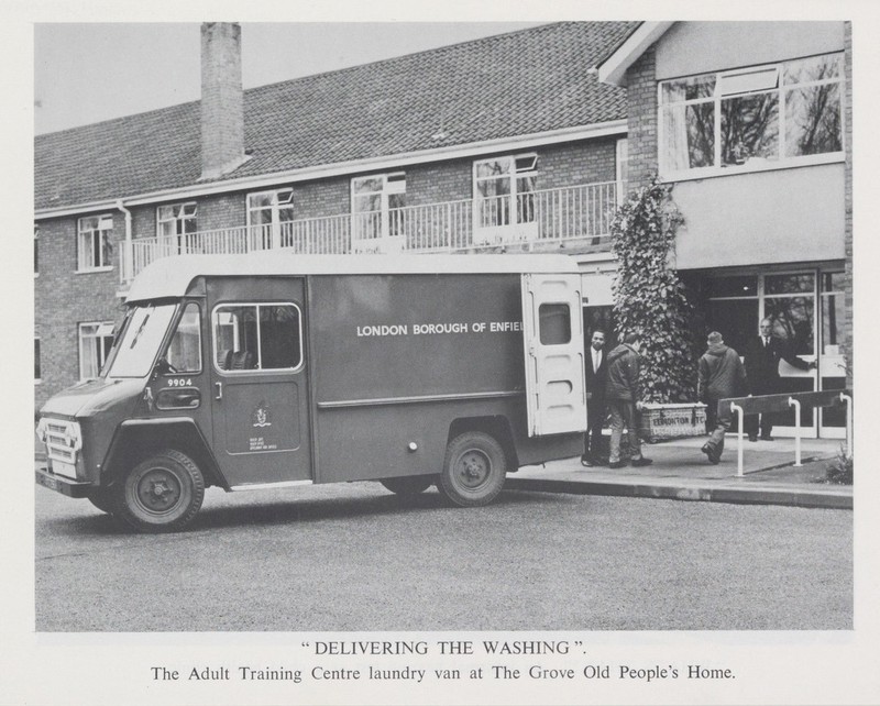LONDON BOROUGH Of ENFlEi  DELIVERING THE WASHING The Adult Training Centre laundry van at The Grove Old People's Home.