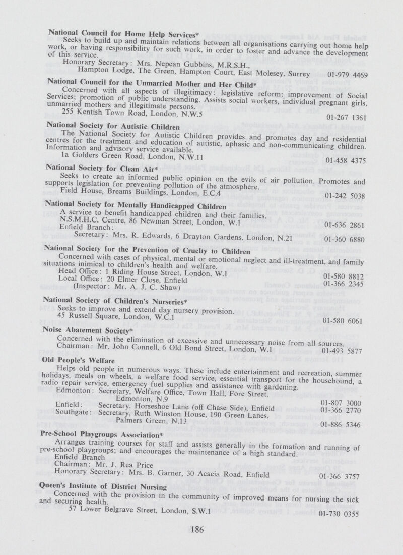 National Council for Home Help Services* Seeks to build up and maintain relations between all organisations carrying out home help work, or having responsibility for such work, in order to foster and advance the development of this service. Honorary Secretary: Mrs. Nepean Gubbins, M.R.S.H. Hampton Lodge. The Green. Hampton Court, East Molesey. Surrey 01-979 4469 National Council for the Unmarried Mother and Her Child* Concerned with all aspects of illegitimacy: legislative reform: improvement of Social Services; promotion of public understanding. Assists social workers, individual pregnant girls, unmarried mothers and illegitimate persons. 255 Kentish Town Road, London, N.W.5 01-267 1361 National Society for Autistic Children The National Society for Autistic Children provides and promotes day and residential centres for the treatment and education of autistic, aphasic and non-communicating children. Information and advisory service available. la Golders Green Road, London, N.W.I 1 01-458 4375 National Society for Clean Air* Seeks to create an informed public opinion on the evils of air pollution. Promotes and supports legislation for preventing pollution of the atmosphere. Field House, Breams Buildings. London, E.C.4 01-242 5038 National Society for Mentally Handicapped Children A service to benefit handicapped children and their families. N.S.M.H.C. Centre. 86 Newman Street, London, W.l 01-636 2861 Enfield Branch: Secretary: Mrs. R. Edwards, 6 Drayton Gardens. London, N.21 01-360 6880 National Society for the Prevention of Cruelty to Children Concerned with cases of physical, mental or emotional neglect and ill-treatment, and family situations inimical to children's health and welfare. Head Office: 1 Riding House Street, London, W.l 01-580 8812 Local Office: 20 Elmer Close, Enfield 01-366 2345 (Inspector: Mr. A. J. C. Shaw) National Society of Children's Nurseries* Seeks to improve and extend day nursery provision. 45 Russell Square, London, W.C.I 01-580 6061 Noise Abatement Society* Concerned with the elimination of excessive and unnecessary noise from all sources. Chairman: Mr. John Connell. 6 Old Bond Street. London, W.l 01-493 5877 Old People's Welfare Helps old people in numerous ways. These include entertainment and recreation, summer holidays, meals on wheels, a welfare food service, essential transport for the housebound, a radio repair service, emergency fuel supplies and assistance with gardening. Edmonton : Secretary, Welfare Office, Town Hall, Fore Street. Edmonton, N.9 01-807 3000 Enfield: Secretary, Horseshoe Lane (off Chase Side), Enfield 01-366 2770 Southgate: Secretary, Ruth Winston House, 190 Green Lanes. Palmers Green. N.13 01-886 5346 Pre-School Playgroups Association* Arranges training courses for stall and assists generally in the formation and running of pre-school playgroups; and encourages the maintenance of a high standard. Enfield Branch Chairman: Mr. J. Rea Price Honorary Secretary: Mrs. B. Garner, 30 Acacia Road. Enfield 01-366 3757 Queen's Institute of District Nursing Concerned with the provision in the community of improved means for nursing the sick and securing health. 57 Lower Belgrave Street, London, S.W.I 01-730 0355 186