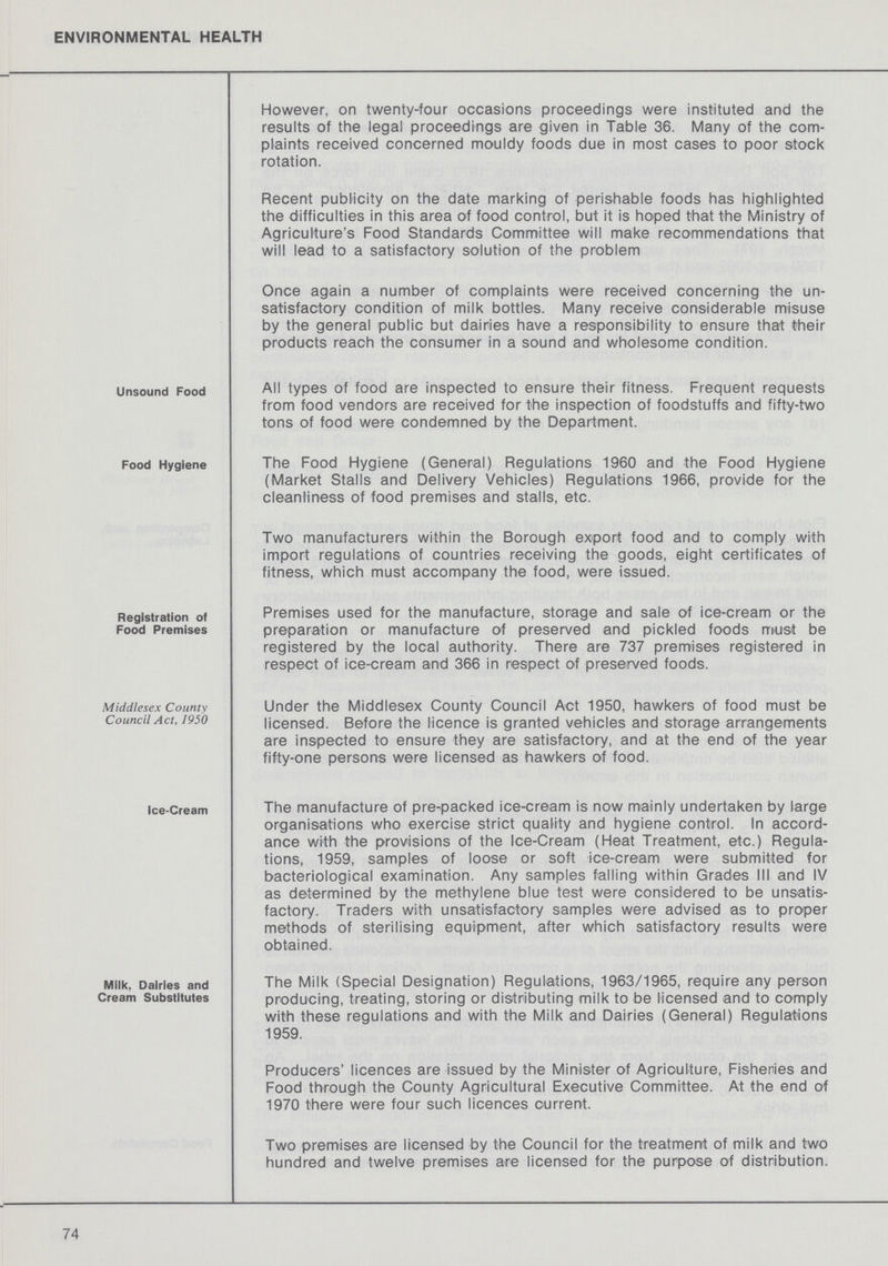 ENVIRONMENTAL HEALTH However, on twenty-four occasions proceedings were instituted and the results of the legal proceedings are given in Table 36. Many of the com plaints received concerned mouldy foods due in most cases to poor stock rotation. Recent publicity on the date marking of perishable foods has highlighted the difficulties in this area of food control, but it is hoped that the Ministry of Agriculture's Food Standards Committee will make recommendations that will lead to a satisfactory solution of the problem Once again a number of complaints were received concerning the un satisfactory condition of milk bottles. Many receive considerable misuse by the general public but dairies have a responsibility to ensure that their products reach the consumer in a sound and wholesome condition. Unsound Food All types of food are inspected to ensure their fitness. Frequent requests from food vendors are received for the inspection of foodstuffs and fifty-two tons of food were condemned by the Department. Food Hygiene The Food Hygiene (General) Regulations 1960 and the Food Hygiene (Market Stalls and Delivery Vehicles) Regulations 1966, provide for the cleanliness of food premises and stalls, etc. Two manufacturers within the Borough export food and to comply with import regulations of countries receiving the goods, eight certificates of fitness, which must accompany the food, were issued. Registration of Food Premises Premises used for the manufacture, storage and sale of ice-cream or the preparation or manufacture of preserved and pickled foods must be registered by the local authority. There are 737 premises registered in respect of ice-cream and 366 in respect of preserved foods. Middlesex County Council Act, 1950 Under the Middlesex County Council Act 1950, hawkers of food must be licensed. Before the licence is granted vehicles and storage arrangements are inspected to ensure they are satisfactory, and at the end of the year fifty-one persons were licensed as hawkers of food. Ice-Cream The manufacture of pre-packed ice-cream is now mainly undertaken by large organisations who exercise strict quality and hygiene control. In accord ance with the provisions of the Ice-Cream (Heat Treatment, etc.) Regula tions, 1959, samples of loose or soft ice-cream were submitted for bacteriological examination. Any samples falling within Grades III and IV as determined by the methylene blue test were considered to be unsatis factory. Traders with unsatisfactory samples were advised as to proper methods of sterilising equipment, after which satisfactory results were obtained. Milk, Dairies and Cream Substitutes The Milk (Special Designation) Regulations, 1963/1965, require any person producing, treating, storing or distributing milk to be licensed and to comply with these regulations and with the Milk and Dairies (General) Regulations 1959. Producers' licences are issued by the Minister of Agrioulture, Fisheries and Food through the County Agricultural Executive Committee. At the end of 1970 there were four such licences current. Two premises are licensed by the Council for the treatment of milk and two hundred and twelve premises are licensed for the purpose of distribution.