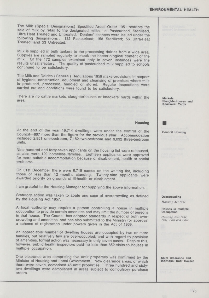 ENVIRONMENTAL HEALTH The Milk (Special Designations) Specified Areas Order 1951 restricts the sale of milk by retail to the designated milks, i.e. Pasteurised, Sterilised, Ultra Heat Treated and Untreated. Dealers' licences were issued under the following designations: 132 Pasteurised; 158 Sterilized; 56 Ultra-Heat Treated; and 23 Untreated. Milk is supplied in bulk tankers to the processing dairies from a wide area. Supplies are sampled regularly to check the bacteriological content of the milk. Of the 172 samples examined only in seven instances were the results unsatisfactory. The quality of pasteurised milk supplied to schools continued to be satisfactory. The Milk and Dairies (General) Regulations 1959 make provisions in respect of hygiene, construction, equipment and cleansing of premises where milk is produced, processed, handled or stored. Regular inspections were carried out and conditions were found to be satisfactory. Markets, Slaughterhouses and Knackers' Yards There are no cattle markets, slaughterhouses or knackers' yards within the area. Housing Council Housing At the end of the year 19,714 dwellings were under the control of the Council—807 more than the figure for the previous year. Accommodation included 2,851 one-bedroom, 7,162 two-bedroom and 9,032 three-bedroom units. Nine hundred and forty-seven applicants on the housing list were re-housed, as also were 129 homeless families. Eighteen applicants were approved for more suitable accommodation because of disablement, health or social problems. On 31st December there were 6,719 names on the waiting list, including those of less than 12 months standing. Twenty-nine applicants were awarded priority on grounds of ill-health or disablement. I am grateful to the Housing Manager for supplying the above information. Overcrowding Housing Act 1957 Statutory action was taken to abate one case of overcrowding as defined by the Housing Act 1957. Houses in multiple Occupation Housing Acts 1957, 1961,1964 and 1969 A local authority may require a person controlling a house in multiple occupation to provide certain amenities and may limit the number of persons in that house. The Council has adopted standards in respect of both over crowding and amenities, and has also submitted to the Ministry for approval a scheme of registration under powers given in the Act of 1969. An appreciable number of dwelling houses are occupied by two or more families, but relatively few are over-occupied; and with regard to provision of amenities, formal action was necessary in only seven cases. Despite this, however, public health inspectors paid no less than 852 visits to houses in multiple occupation. Slum Clearance and Individual Unfit Houses One clearance area comprising five unfit properties was confirmed by the Minister of Housing and Local Government. New clearance areas, of which there were seven, comprised 45 unfit properties. Three hundred and sixty two dwellings were demolished in areas subject to compulsory purchase orders. 75