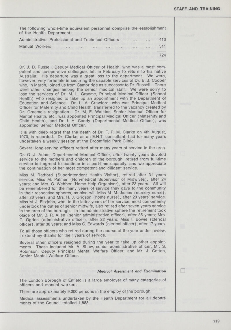 STAFF AND TRAINING The following whole-time equivalent personnel comprise the establishment of the Health Department: Administrative, Professional and Technical Officers 413 Manual Workers 311 724 Dr. J. D. Russell, Deputy Medical Officer of Health, who was a most com petent and co-operative colleague, left in February to return to his native Australia. His departure was a great loss to the department. We were, however, very fortunate in securing the capable services of Dr. B. J. Cooper who, in March, joined us from Cambridge as successor to Dr. Russell. There were other changes among the senior medical staff. We were sorry to lose the services of Dr. M. L. Graeme, Principal Medical Officer (School Health) who resigned to take up an appointment with the Department otf Education and Science. Dr. L. A. Crawford, who was Principal Medical Officer for Maternity and Child Health, transferred to the vacancy created by Dr. Graeme's resignation. Dr. M. E. Watkins, Senior Medical Officer for Mental Health, etc., was appointed Principal Medical Officer (Maternity and Child Health), and Dr. I. H. Caddy (Departmental Medical Officer), was appointed Senior Medical Officer. It is with deep regret that the death of Dr. F. P. M. Clarke on 4th August, 1970, is recorded. Dr. Clarke, as an E.N.T. consultant, had for many years undertaken a weekly session at the Broomfield Park Clinic. Several long-serving officers retired after many years of service in the area. Dr. G. J. Adam, Departmental Medical Officer, after twenty years devoted service to the mothers and children of the borough, retired from full-time service but agreed to continue in a part-time capacity, and we appreciate the continuation of her most competent and diligent service. Miss M. Radford (Superintendent Health Visitor), retired after 31 years service; Miss M. Palmer (Nonmedical Supervisor of Midwives), after 24 years; and Mrs. G. Webber (Home Help Organiser), after 23 years. All will be remembered for the many years of service they gave to the community in their respective spheres, as also will Miss M. M. James (nursery nurse), after 26 years, and Mrs. H. J. Grigson (home nurse), after 20 years' service. Miss M. J. Fitzjohn, who, in the latter years of her service, most competently undertook the duties of senior midwife, also retired after seven years service in the area of the borough. In the administrative sphere the retirement took place of Mr. B. R. Allen (senior administrative officer), after 35 years; Mrs. G. Ogden (administrative officer), after 22 years; Miss I. Bowie (clerical officer), after 30 years; and Miss G. Edwards (clerical officer), after 17 years. To all those officers who retired during the course of the year under review, I extend my thanks for their years of service. Several other officers resigned during the year to take up other appoint ments. These included Mr. A. Shaw, senior administrative officer; Mr. S. Robinson, Deputy Principal Mental Welfare Officer; and Mr. J. Cotton, Senior Mental Welfare Officer. Medical Assessment and Examination The London Borough of Enfield is a large employer of many categories of officers and manual workers. There are approximately 9,000 persons in the employ of the borough. Medical assessments undertaken by the Health Department for all depart ments of the Council totalled 1,888. 119