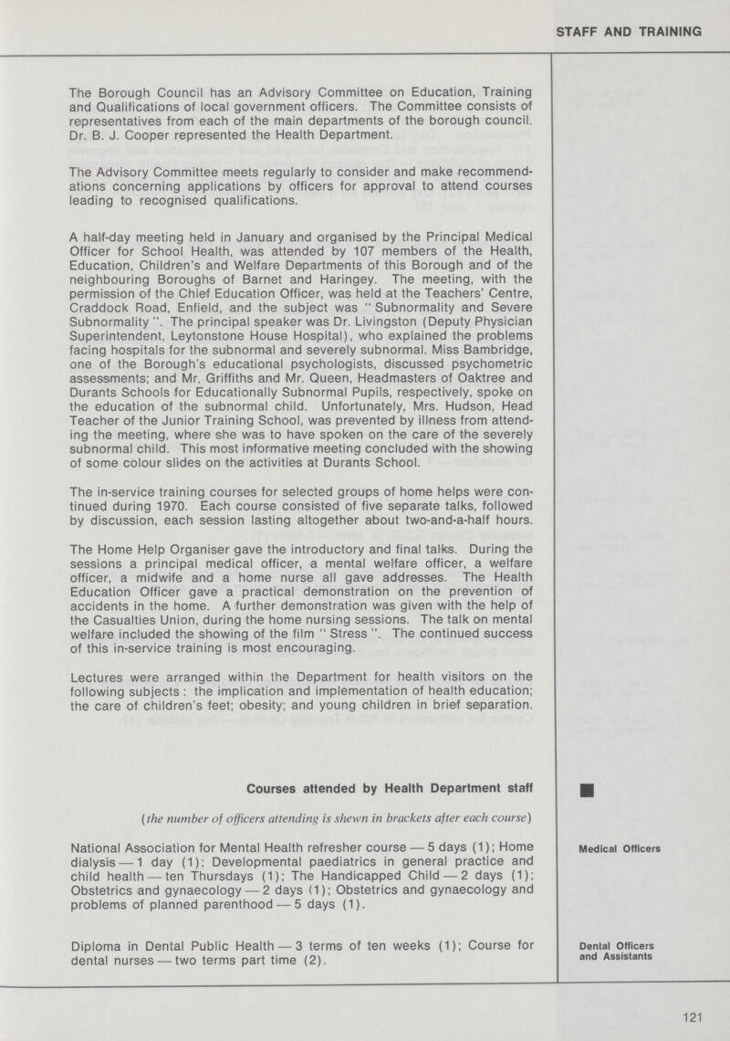 STAFF AND TRAINING The Borough Council has an Advisory Committee on Education, Training and Qualifications of local government officers. The Committee consists of representatives from each of the main departments of the borough council. Dr. B. J. Cooper represented the Health Department. The Advisory Committee meets regularly to consider and make recommend ations concerning applications by officers for approval to attend courses leading to recognised qualifications. A half-day meeting held in January and organised by the Principal Medical Officer for School Health, was attended by 107 members of the Health, Education, Children's and Welfare Departments of this Borough and of the neighbouring Boroughs of Barnet and Haringey. The meeting, with the permission of the Chief Education Officer, was held at the Teachers' Centre, Craddock Road, Enfield, and the subject was  Subnormality and Severe Subnormality The principal speaker was Dr. Livingston (Deputy Physician Superintendent, Leytonstone House Hospital), who explained the problems facing hospitals for the subnormal and severely subnormal. Miss Bambridge, one of the Borough's educational psychologists, discussed psychometric assessments; and Mr. Griffiths and Mr. Queen, Headmasters of Oaktree and Durants Schools for Educationally Subnormal Pupils, respectively, spoke on the education of the subnormal child. Unfortunately, Mrs. Hudson, Head Teacher of the Junior Training School, was prevented by illness from attend ing the meeting, where she was to have spoken on the care of the severely subnormal child. This most informative meeting concluded with the showing of some colour slides on the activities at Durants School. The in-service training courses for selected groups of home helps were con tinued during 1970. Each course consisted of five separate talks, followed by discussion, each session lasting altogether about two-and-a-half hours. The Home Help Organiser gave the introductory and final talks. During the sessions a principal medical officer, a mental welfare officer, a welfare officer, a midwife and a home nurse all gave addresses. The Health Education Officer gave a practical demonstration on the prevention of accidents in the home. A further demonstration was given with the help of the Casualties Union, during the home nursing sessions. The talk on mental welfare included the showing of the film  Stress The continued success of this in-service training is most encouraging. Lectures were arranged within the Department for health visitors on the following subjects: the implication and implementation of health education; the care of children's feet; obesity; and young children in brief separation. Courses attended by Health Department staff (the number of officers attending is shewn in brackets after each course) Medical Officers National Association for Mental Health refresher course — 5 days (1); Home dialysis —1 day (1); Developmental paediatrics in general practice and child health— ten Thursdays (1); The Handicapped Child — 2 days (1); Obstetrics and gynaecology — 2 days (1); Obstetrics and gynaecology and problems of planned parenthood — 5 days (1). Dental Officers and Assistants Diploma in Dental Public Health — 3 terms of ten weeks (1); Course for dental nurses — two terms part time (2). 121