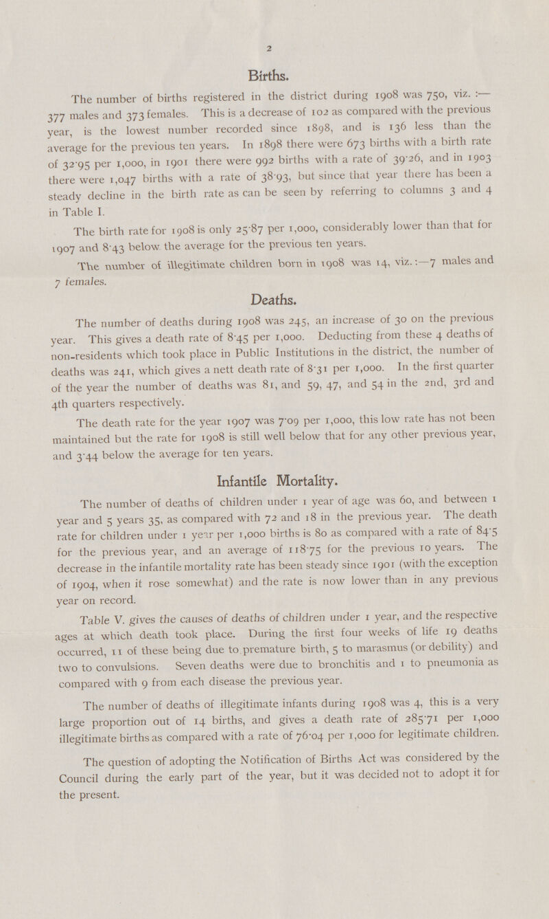 2 Births. The number of births registered in the district during 1908 was 750, viz.:— 377 males and 373 females. This is a decrease of 102 as compared with the previous year, is the lowest number recorded since 1898, and is 136 less than the average for the previous ten years. In 1898 there were 673 births with a birth rate of 32'95 per 1,000, in 1901 there were 992 births with a rate of 39'26, and in 1903 there were 1,047 births with a rate of 38 93, but since that year there has been a steady decline in the birth rate as can be seen by referring to columns 3 and 4 in Table I. The birth rate for 1908 is only 25.87 per 1,000, considerably lower than that for 1907 and 8.43 below the average for the previous ten years. The number of illegitimate children bora in 1908 was 14, viz.:—7 males and 7 females. Deaths. The number of deaths during 1908 was 245, an increase of 30 on the previous year. This gives a death rate of 8 45 per 1,000. Deducting from these 4 deaths of non-residents which took place in Public Institutions in the district, the number of deaths was 241, which gives a nett death rate of 8.31 per 1,000. In the first quarter of the year the number of deaths was 81, and 59, 47, and 54 in the 2nd, 3rd and 4th quarters respectively. The death rate for the year 1907 was 709 per 1,000, this low rate has not been maintained but the rate for 1908 is still well below that for any other previous year, and 3.44 below the average for ten years. Infantile Mortality. The number of deaths of children under 1 year of age was 60, and between 1 year and 5 years 35, as compared with 72 and 18 in the previous year. The death rate for children under 1 year per 1,000 births is 80 as compared with a rate of 84.3 for the previous year, and an average of 118.75 for the previous 10 years. The decrease in the infantile mortality rate has been steady since 1901 (with the exception of 1904, when it rose somewhat) and the rate is now lower than in any previous year on record. Table V. gives the causes of deaths of children under 1 year, and the respective ages at which death took place. During the first four weeks of life 19 deaths occurred, 11 of these being due to premature birth, 5 to marasmus (or debility) and two to convulsions. Seven deaths were due to bronchitis and 1 to pneumonia as compared with 9 from each disease the previous year. The number of deaths of illegitimate infants during 1908 was 4, this is a very large proportion out of 14 births, and gives a death rate of 285.71 per 1,000 illegitimate births as compared with a rate of 76.04 per 1,000 for legitimate children. The question of adopting the Notification of Births Act was considered by the Council during the early part of the year, but it was decided not to adopt it for the present.