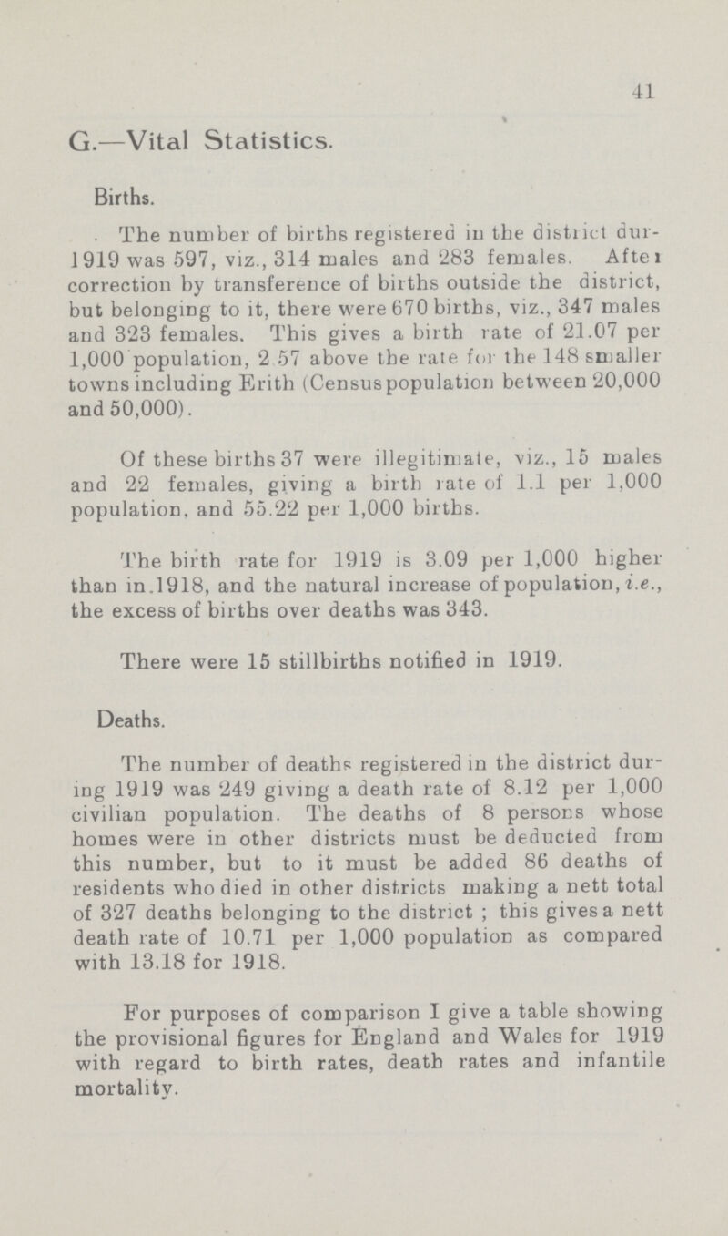 G.—Vital Statistics. 41 Births. The number of births registered in the district dur 1919 was 597, viz., 314 males and 283 females. After correction by transference of births outside the district, but belonging to it, there were 670 births, viz., 347 males and 323 females. This gives a birth rate of 21.07 per 1,000 population, 2 57 above the rate for the 148 smaller towns including Erith (Census population between 20,000 and 50,000). Of these births 37 were illegitimate, viz., 16 males and 22 females, giving a birth rate of 1.1 per 1,000 population, and 55.22 per 1,000 births. The birth rate for 1919 is 3.09 per 1,000 higher than in.1918, and the natural increase of population, i.e., the excess of births over deaths was 343. There were 15 stillbirths notified in 1919. Deaths. The number of deaths registered in the district dur ing 1919 was 249 giving a death rate of 8.12 per 1,000 civilian population. The deaths of 8 persons whose homes were in other districts must be deducted from this number, but to it must be added 86 deaths of residents who died in other districts making a nett total of 327 deaths belonging to the district ; this gives a nett death rate of 10.71 per 1,000 population as compared with 13.18 for 1918. For purposes of comparison I give a table showing the provisional figures for England and Wales for 1919 with regard to birth rates, death rates and infantile mortality.