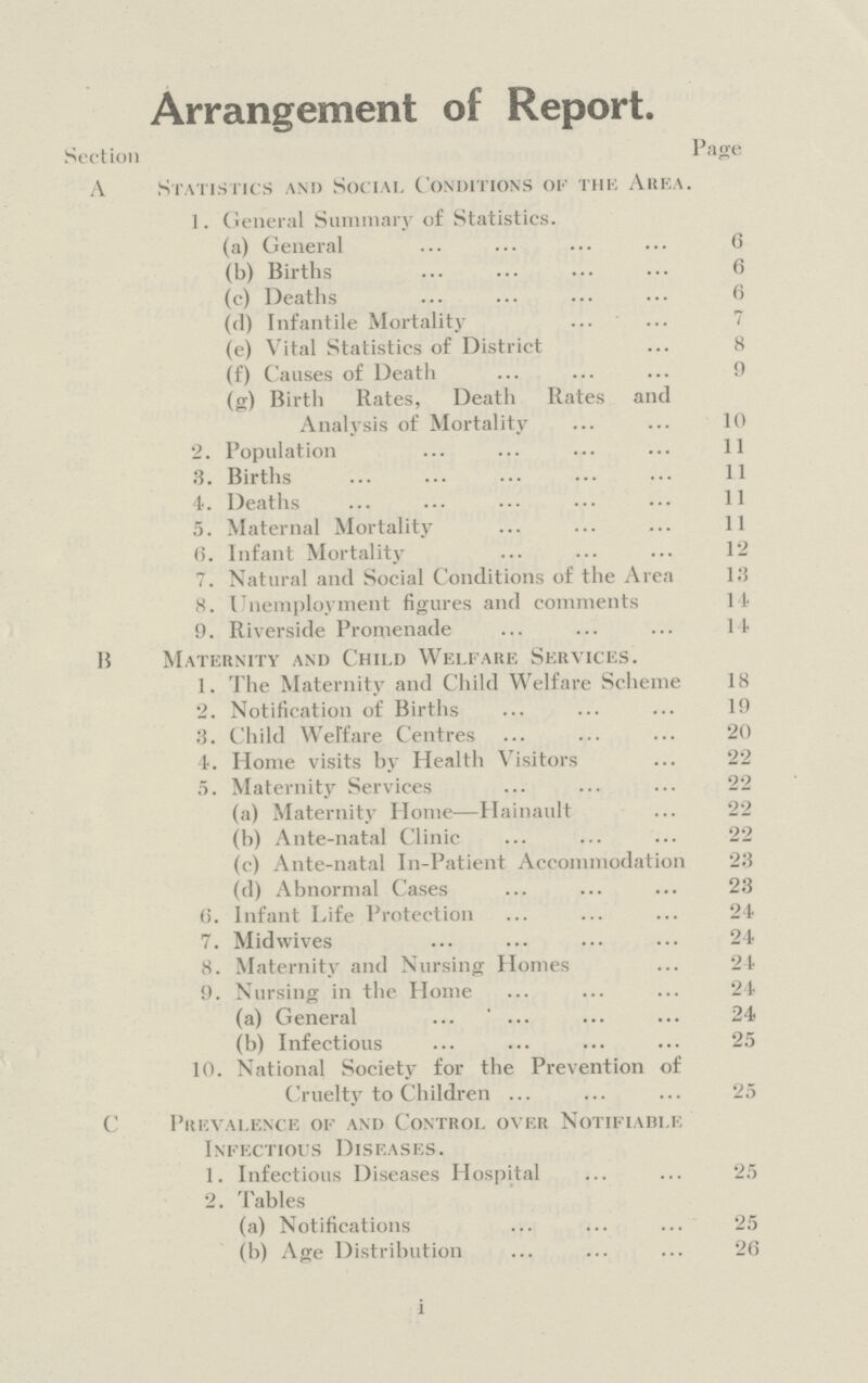 Arrangement of Report. Section Page A Statistics and Social C onditions of the Area. 1. General Summary of Statistics. (a) General 6 (b) Births 6 (c) Deaths 6 (d) Infantile Mortality 7 (e) Vital Statistics of District 8 (f) Causes of Death 9 (g) Birth Rates, Death Rates and Analysis of Mortality 10 2. Population 11 3. Births 11 4. Deaths 11 5. Maternal Mortality 11 6. Infant Mortality 12 7. Natural and Social Conditions of the Area 13 8. Unemployment figures and comments 14 9. Riverside Promenade 14 B Maternity and Child Welfare Services. 1. The Maternity and Child Welfare Scheme 18 2. Notification of Births 19 3. Child Welfare Centres 20 4. Home visits by Health Visitors 22 5. Maternity Services 22 (a) Maternity Home—Hainault 22 (b) Ante-natal Clinic 22 (c) Ante-natal In-Patient Accommodation 23 (d) Abnormal Cases 23 6. Infant Life Protection 24 7. Midwives 24 8. Maternity and Nursing Homes 24 9. Nursing in the Home 24 (a) General 24 (b) Infectious 25 10. National Society for the Prevention of Cruelty to Children 25 C Prevalence of and Control over Notifiable Infectious Diseases. 1. Infectious Diseases Hospital 25 2. Tables (a) Notifications 25 (b) Age Distribution 26 i