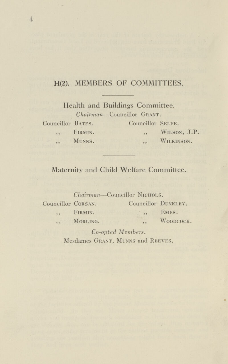 4 H(2). MEMBERS OF COMMITTEES. Health and Buildings Committee. Chairman—Councillor Grant. Councillor Bates. Councillor Selfe. ,, Firmin. ,, Wilson, J.P. ,, Munns. ,, Wilkinson. Maternity and Child Welfare Committee. Chairman—Councillor Nichols. Councillor Corsan. Councillor Dunkley. ,, Firmin. ,, Emes. ,, Morling. ,, Woodcock. Co-opted Members. Mesdames Grant, Munns and Reeves.