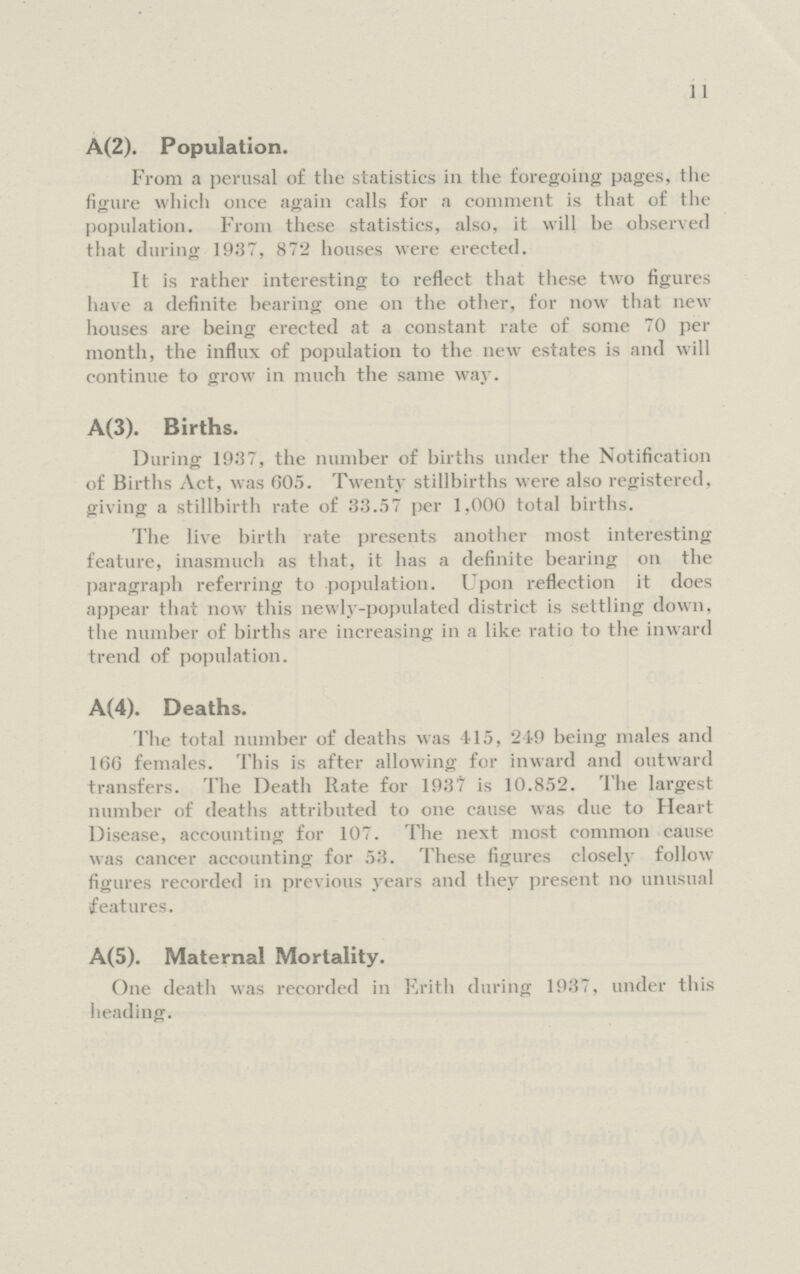 11 A(2). Population. From a perusal of the statistics in the foregoing pages, the figure which once again calls for a comment is that of the population. From these statistics, also, it will he observed that during 1937, 872 houses were erected. It is rather interesting to reflect that these two figures have a definite hearing one on the other, for now that new houses are being erected at a constant rate of some 70 per month, the influx of population to the new estates is and will continue to grow in much the same way. A(3). Births. During 1937, the number of births under the Notification of Births Act, was 605. Twenty stillbirths were also registered, giving a stillbirth rate of 33.57 per 1,000 total births. The live birth rate presents another most interesting feature, inasmuch as that, it has a definite bearing on the paragraph referring to population. Upon reflection it does appear that now this newly-populated district is settling down, the number of births are increasing in a like ratio to the inward trend of population. A(4). Deaths. The total number of deaths was 415, 249 being males and 166 females. This is after allowing for inward and outward transfers. The Death Rate for 1937 is 10.852. The largest number of deaths attributed to one cause was due to Heart Disease, accounting for 107. The next most common cause was cancer accounting for 53. These figures closely follow figures recorded in previous years and they present no unusual features. A(5). Maternal Mortality. One death was recorded in Erith during 1937, under this heading.