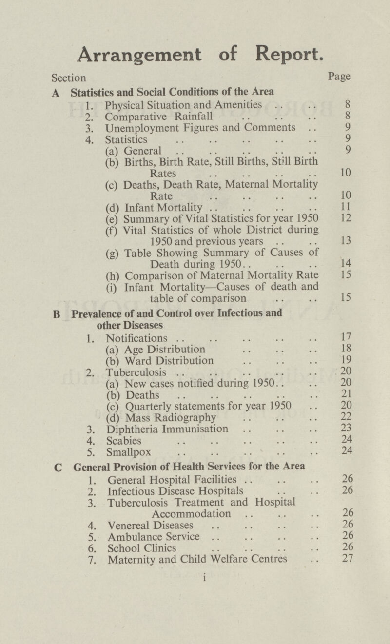 Arrangement of Report. Section Page A Statistics and Social Conditions of the Area 1. Physical Situation and Amenities 8 2. Comparative Rainfall 8 3. Unemployment Figures and Comments 9 4. Statistics 9 (a) General 9 (b) Births, Birth Rate, Still Births, Still Birth Rates 10 (c) Deaths, Death Rate, Maternal Mortality Rate 10 (d) Infant Mortality 11 (e) Summary of Vital Statistics for year 1950 12 (f) Vital Statistics of whole District during 1950 and previous years 13 (g) Table Showing Summary of Causes of Death during 1950 14 (h) Comparison of Maternal Mortality Rate 15 (i) Infant Mortality—Causes of death and table of comparison 15 B Prevalence of and Control over Infectious and other Diseases 1. Notifications 17 (a) Age Distribution 18 (b) Ward Distribution 19 2. Tuberculosis 20 (a) New cases notified during 1950 20 (b) Deaths 21 (c) Quarterly statements for year 1950 20 (d) Mass Radiography 22 3. Diphtheria Immunisation 23 4. Scabies 24 5. Smallpox 24 C General Provision of Health Services for the Area 1. General Hospital Facilities 26 2. Infectious Disease Hospitals 26 3. Tuberculosis Treatment and Hospital Accommodation 26 4. Venereal Diseases 26 5. Ambulance Service 26 6. School Clinics 26 7. Maternity and Child Welfare Centres 27 i