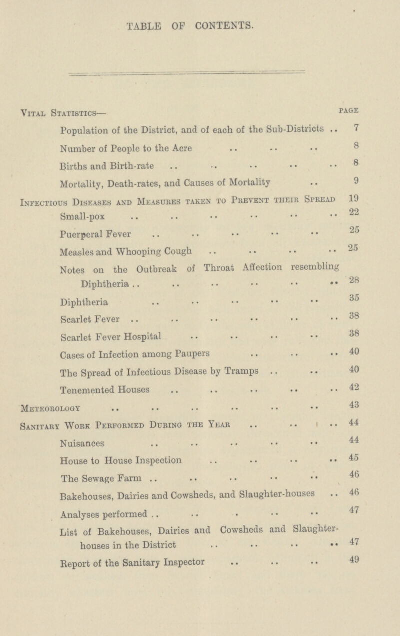TABLE OF CONTENTS. Vital Statistics— page Population of the District, and of each of the Sub-Districts 7 Number of People to the Acre 8 Births and Birth-rate 8 Mortality, Death-rates, and Causes of Mortality 9 Infectious Diseases and Measup.es taken to Prevent their Spread 19 Small-pox. 22 Puerperal Fever 25 Measles and Whooping Cough 25 Notes on the Outbreak of Throat Affection resembling Diphtheria 28 Diphtheria 35 Scarlet Fever 38 Scarlet Fever Hospital 38 Cases of Infection among Paupers 40 The Spread of Infectious Disease by Tramps 40 Tenemented Houses 42 Meteorology 43 Sanitary Work Performed During the Year 44 Nuisances 44 House to House Inspection 45 The Sewage Farm 46 Bakehouses, Dairies and Cowsheds, and Slaughter-houses 46 Analyses performed 47 List of Bakehouses, Dairies and Cowsheds and Slaughter houses in the District 47 Report of the Sanitary Inspector 49