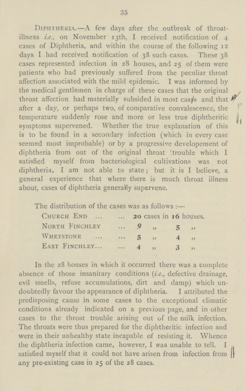 35 Diphtheria.—A few days after the outbreak of throat illness i.e., on November 13th, I received notification of 4 cases of Diphtheria, and within the course of the following 12 days I had received notification of 38 such cases. These 38 cases represented infection in 28 houses, and 25 of them were patients who had previously suffered from the peculiar throat affection associated with the mild epidemic. I was informed by the medical gentlemen in charge of these cases that the original throat affection had materially subsided in most cases and that after a day, or perhaps two, of comparative convalescence, the temperature suddenly rose and more or less true diphtheritic symptoms supervened. Whether the true explanation of this is to be found in a secondary infection (which in every case seemed most improbable) or by a progressive developement of diphtheria from out of the original throat trouble which I satisfied myself from bacteriological cultivations was not diphtheria, I am not able to state; but it is I believe, a general experience that where there is much throat illness about, cases of diphtheria generally supervene. The distribution of the cases was as follows:— Chukch End 20 cases in 16 houses. North Finchley 9 „ 5 ,, Whetstone 5 „ 4 „ East Finchley 4 „ 3 „ In the 28 houses in which it occurred there was a complete absence of those insanitary conditions (i.e., defective drainage, evil smells, refuse accumulations, dirt and damp) which un doubtedly favour the appearance of diphtheria. I attributed the predisposing cause in some cases to the exceptional climatic conditions already indicated on a previous page, and in other cases to the throat trouble arising out of the milk infection. The throats were thus prepared for the diphtheritic infection and were in their unhealthy state incapable of resisting it. Whence the diphtheria infection came, however, I was unable to tell. I satisfied myself that it could not have arisen from infection from any pre-existing case in 25 of the 28 cases.