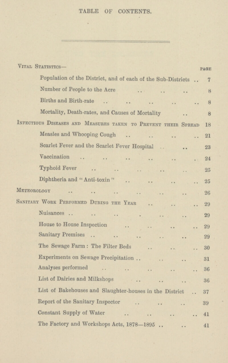 TABLE OF CONTENTS. Vital Statistics— page Population of the District, and of each of the Sub-Districts 7 Number of People to the Acre 8 Births and Birth-rate 8 Mortality, Death-rates, and Causes of Mortality 8 Infectious Diseases and Measures taken to Prevent their Spread 18 Measles and Whooping Cough 21 Scarlet Fever and the Scarlet Fever Hospital 23 Vaccination 24 Typhoid Fever 25 Diphtheria and Anti-toxin 25 Meteorology 26 Sanitary Work Performed During the Year 29 Nuisances 29 House to House Inspection 29 Sanitary Premises 29 The Sewage Farm: The Filter Beds 30 Experiments on Sewage Precipitation 31 Analyses performed 36 List of Dairies and Milkshops 36 List of Bakehouses and Slaughter-houses in the District 37 Report of the Sanitary Inspector 39 Constant Supply of Water 41 The Factory and Workshops Acts, 1878—1895 41