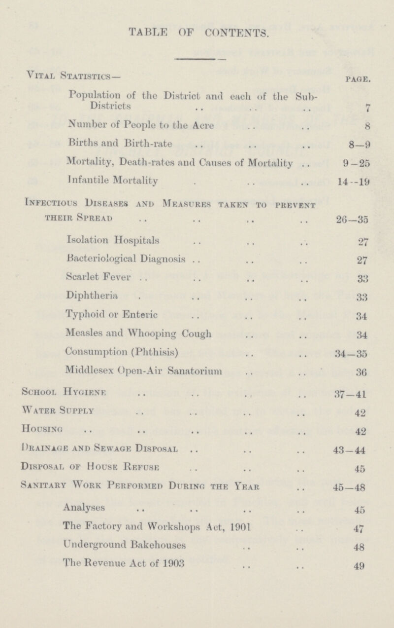 TABLE OF CONTENTS. Vital Statistics— page. Population of the District and each of the Sub- Districts 7 Number of People to the Acre 8 Births and Birth-rate 8—9 Mortality, Death-rates and Causes of Mortality 9 — 25 Infantile Mortality 14 -19 Infectious Diseases and Measures taken to prevent their Spread 26—35 Isolation Hospitals 27 Bacteriological Diagnosis 27 Scarlet Fever 33 Diphtheria 33 Typhoid or Enteric 34 Measles and Whooping Cough 34 Consumption (Phthisis) 34—35 Middlesex Open-Air Sanatorium 36 School Hygiene 37—41 Water Supply 42 Housing 42 Drainage and Sewage Disposal 43—44 Disposal of House Refuse 45 Sanitary Work Performed During the Year 45—48 Analyses 45 The Factory and Workshops Act, 1901 47 Underground Bakehouses 48 The Revenue Act of 1903 49