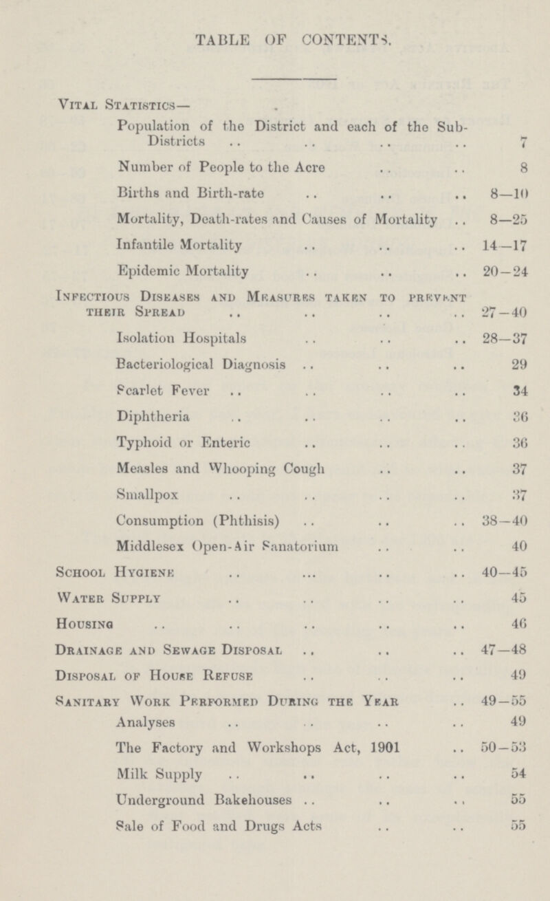 TABLE OF CONTENTS. Vital Statistics— Population of the District and each of the Sub- Districts 7 Number of People to the Acre 8 Births and Birth-rate 8—10 Mortality, Death-rates and Causes of Mortality 8—25 Infantile Mortality 14—17 Epidemic Mortality 20—24 Infectious Diseases and Measures taken to prevent their Spread 27—40 Isolation Hospitals 28—37 Bacteriological Diagnosis 29 Scarlet Fever 34 Diphtheria 36 Typhoid or Enteric 36 Measles and Whooping Cough 37 Smallpox 37 Consumption (Phthisis) 38—40 Middlesex Open-Air Sanatorium 40 School Hygiene 40—45 Water Supply 45 Housing 46 Drainage and Sewage Disposal 47—48 Disposal of House Refuse 49 Sanitary Work Performed During the Year 49—55 Analyses 49 The Factory and Workshops Act, 1901 60—53 Milk Supply 54 Underground Bakehouses 55 Sale of Food and Drugs Acts 55