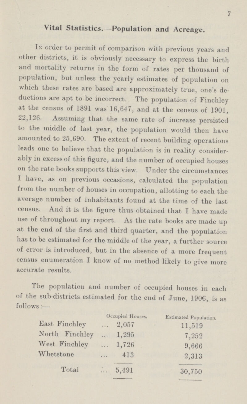 7 Vital Statistics. Population and Acreage. In order to permit of comparison with previous years and other districts, it is obviously necessary to express the birth and mortality returns in the form of rates per thousand of population, but unless the yearly estimates of population on which these rates are based are approximately true, one's de ductions are apt to be incorrect. The population of Finchley at the census of 1891 was 16,647, and at the census of 1901, 22,126. Assuming that the same rate of increase persisted to the middle of last year, the population would then have amounted to 25,690. The extent of recent building operations leads one to believe that the population is in reality consider ably in excess of this figure, and the number of occupied houses on the rate books supports this view. Under the circumstances I have, as on previous occasions, calculated the population from the number of houses in occupation, allotting to each the average number of inhabitants found at the time of the last census. And it is the figure thus obtained that I have made use of throughout my report. As the rate books are made up at the end of the first and third quarter, and the population has to be estimated for the middle of the year, a further source of error is introduced, but in the absence of a more frequent census enumeration I know of no method likely to give more accurate results. The population and number of occupied houses in each of the sub-districts estimated for the end of June, 1906, is as follows:— Occupied Houses. Estimated Population. East Finchley 2,057 11,519 North Finchley 1,295 7,252 West Finchley 1,726 9,666 Whetstone 413 2,313 Total 5,491 30,750