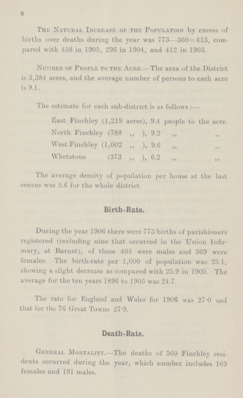 8 The Natural Increase of the Population by excess of births over deaths during the year was 773—360=413, com pared with 458 in 1905, 296 in 1904, and 412 in 1903. Number of People to the Acre.—The area of the District is 3,384 acres, and the average number of persons to each acre is 9.1. The estimate for each sub-district is as follows:— East Finchley (1,219 acres), 9.4 people to the acre. North Finchley (788 „ ), 9.2 „ „ West Finchley (1,002 „ ), 9.6 „ „ Whetstone (373 „ ), 6.2 „ „ The average density of population per house at the last census was 5.6 for the whole district. Birth-Rate. During the year 1906 there were 773 births of parishioners registered (including nine that occurred in the Union Infir mary, at Barnet), of these 404 were males and 369 were females. The birth-rate per 1,000 of population was 25.1, showing a slight decrease as compared with 25.9 in 1905. The average for the ten years 1896 to 1905 was 24.7. The rate for England and Wales for 1906 was 27.0 and that for the 76 Great Towns 27.9. Death-Rate. General Mortality.—The deaths of 360 Finchley resi dents occurred during the year, which number includes 169 females and 191 males.