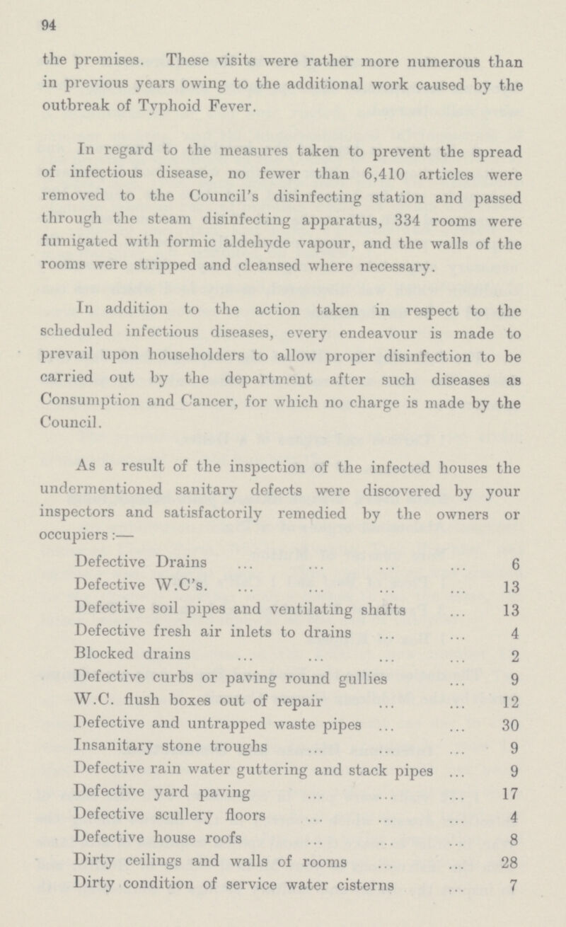 94 the premises. These visits were rather more numerous than in previous years owing to the additional work caused by the outbreak of Typhoid Fever. In regard to the measures taken to prevent the spread of infectious disease, no fewer than 6,410 articles were removed to the Council's disinfecting station and passed through the steam disinfecting apparatus, 334 rooms were fumigated with formic aldehyde vapour, and the walls of the rooms were stripped and cleansed where necessary. In addition to the action taken in respect to the scheduled infectious diseases, every endeavour is made to prevail upon householders to allow proper disinfection to be carried out by the department after such diseases as Consumption and Cancer, for which no charge is made by the Council. As a result of the inspection of the infected houses the undermentioned sanitary defects were discovered by your inspectors and satisfactorily remedied by the owners or occupiers:— Defective Drains 6 Defective W.C's. 13 Defective soil pipes and ventilating shafts 13 Defective fresh air inlets to drains 4 Blocked drains 2 Defective curbs or paving round gullies 9 W.C. flush boxes out of repair 12 Defective and untrapped waste pipes 30 Insanitary stone troughs 9 Defective rain water guttering and stack pipes 9 Defective yard paving 17 Defective scullery floors 4 Defective house roofs 8 Dirty ceilings and walls of rooms 28 Dirty condition of service water cisterns 7