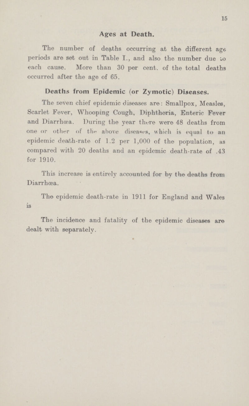 15 Ages at Death. The number of deaths occurring at the different age periods are set out in Table I., and also the number due u> each cause. More than 30 pea- cent, of the total deaths occurred after the age of 65. Deaths from Epidemic (or Zymotic) Diseases. The seven chief epidemic diseases are: Smallpox, Measles, Scarlet Fever, Whooping Cough, Diphtheria, Enteric Fever and Diarrhoea. During the year there were 48 deaths from one or other of tile above diseases, which is equal to an epidemic death-rate of 1.2 per 1,000 of the population, as compared with 20 deaths and an epidemic death-rate of .43 for 1910. This increase is entirely accounted for by the deaths from Diarrhoea. The epidemic death-rate in 1911 for England and Wales is The incidence and fatality of the epidemic diseases are dealt with separately.