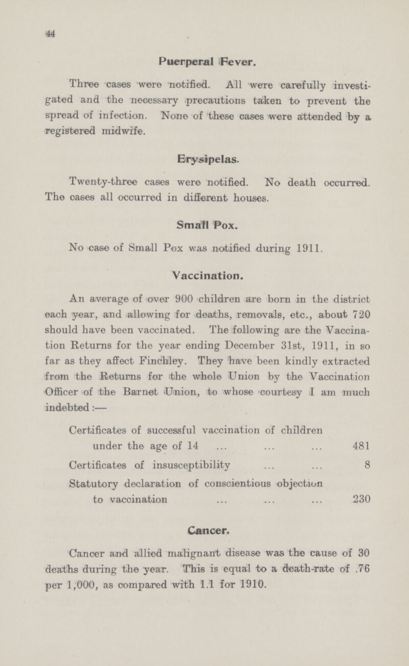 44 Puerperal Fever. Three cases were notified. All were carefully investi gated and the necessary precautions taken to prevent the spread of infection. None of these cases were attended by a registered midwife. Erysipelas. Twenty-three cases were notified. No death occurred. The oases all occurred in different houses. Small Pox. No case of Small Pox was notified during 1911. Vaccination. An average of over 900 children are born in the district each year, and allowing for deaths, removals, etc., about 720 should have been vaccinated. The following are the Vaccina tion Returns for the year ending December 31st, 1911, in so far as they affect Finchley. They have been kindly extracted from the Returns for the whole Union by the Vaccination Officer of the Barnet Union, to whose courtesy I am much indebted:— Certificates of successful vaccination of children under the age of 14 481 Certificates of insusceptibility 8 Statutory declaration of conscientious objection to vaccination 230 Cancer. Cancer and allied malignant disease was the cause of 30 deaths during the year. This is equal to a death-rate of .76 per 1,000, as compared with 1.1 for 1910.