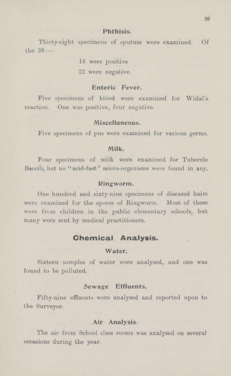 59 Phthisis. Thirty-eight specimens of sputum were examined. Of the 38:— 16 were positive 22 were negative. Enteric Fever. Five specimens of blood were examined for Widal's reaction. One was positive, four negative. Miscellaneous. Five specimens of pus were examined for various germs. Milk. Four specimens of milk were examined for Tubercle Baccili, but no acid-fast micro-organisms were found in any. Ringworm. One hundred and sixty-nine specimens of diseased hairs were examined for the spores of Ringworm. Most of these were from children in the public elementary schools, but many were sent by medical practitioners. Chemical Analysis. Water. Sixteen samples of water were analysed, and one was found to be polluted. Sewage Effluents. Fifty-nine effluents were analysed and reported upon to the Surveyor. Air Analysis. The air from School class rooms was analysed on several occasions during the year.