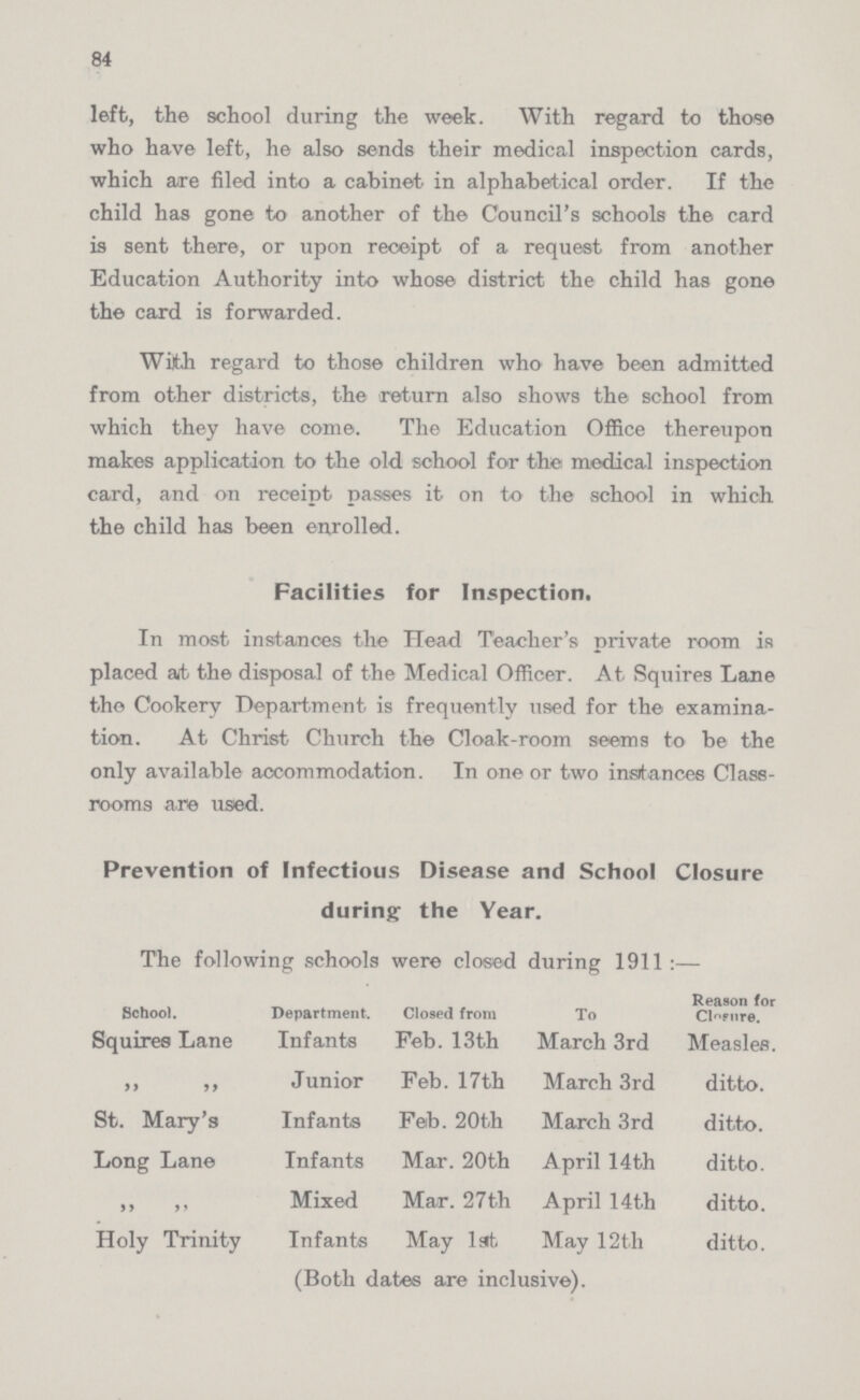 84 left, the school during the week. With regard to those who have left, he also sends their medical inspection cards, which are filed into a cabinet in alphabetical order. If the child has gone to another of the Council's schools the card is sent there, or upon receipt of a request from another Education Authority into whose district the child has gone the card is forwarded. With regard to those children who have been admitted from other districts, the return also shows the school from which they have come. The Education Office thereupon makes application to the old school for the medical inspection card, and on receipt passes it on to the school in which the child has been enrolled. Facilities for Inspection. In most instances the Head Teacher's private room is placed at the disposal of the Medical Officer. At Squires Lane the Cookery Department is frequently used for the examina tion. At Christ Church the Cloak-room seems to be the only available accommodation. In one or two instances Class rooms are used. Prevention of Infectious Disease and School Closure during the Year. The following schools were closed during 1911:— School. Department. Closed from To Reason for Closure. Squires Lane Infants Feb.13th March 3rd Measles. „ „ Junior Feb.17th March 3rd ditto. St. Mary's Infants Feb. 20th March 3rd ditto. Long Lane Infants Mar. 20th April 14 th ditto. „ „ Mixed Mar. 27th April 14 th ditto. Holy Trinity Infants May 1st May 12th ditto. (Both dates are inclusive).