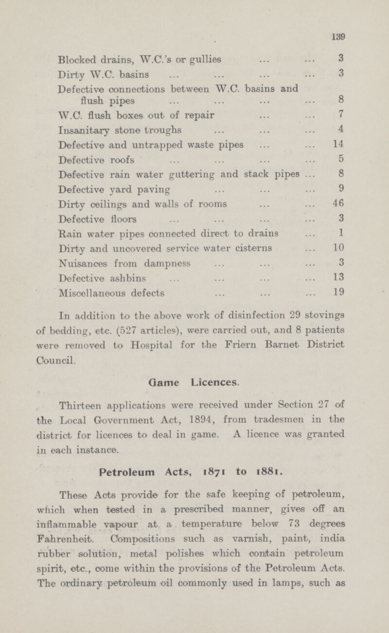 139 Blocked drains, W.C.'s or gullies 3 Dirty W.C. basins 3 Defective connections between W.C. basins and flush pipes 8 W.C. flush boxes out of repair 7 Insanitary stone troughs 4 Defective and untrapped waste pipes 14 Defective roofs 5 Defective rain water guttering and stack pipes 8 Defective yard paving 9 Dirty ceilings and walls of rooms 46 Defective floors 3 Rain water pipes connected direct to drains 1 Dirty and uncovered service water cisterns 10 Nuisances from dampness 3 Defective ashbins 13 Miscellaneous defects 19 In addition to the above work of disinfection 29 stovings of bedding, etc. (527 articles), were carried out, and 8 patients were removed to Hospital for the Friern Barnet District Council. Game Licences. Thirteen applications were received under Section 27 of the Local Government Act, 1894, from tradesmen in the district for licences to deal in game. A licence was granted in each instance. Petroleum Acts, 1871 to 1881. These Acts provide for the safe keeping of petroleum, which when tested in a prescribed manner, gives off an inflammable vapour at a temperature below 73 degrees Fahrenheit. Compositions such as varnish, paint, india rubber solution, metal polishes which contain petroleum spirit, etc., come within the provisions of the Petroleum Acts. The ordinary petroleum oil commonly used in lamps, such as