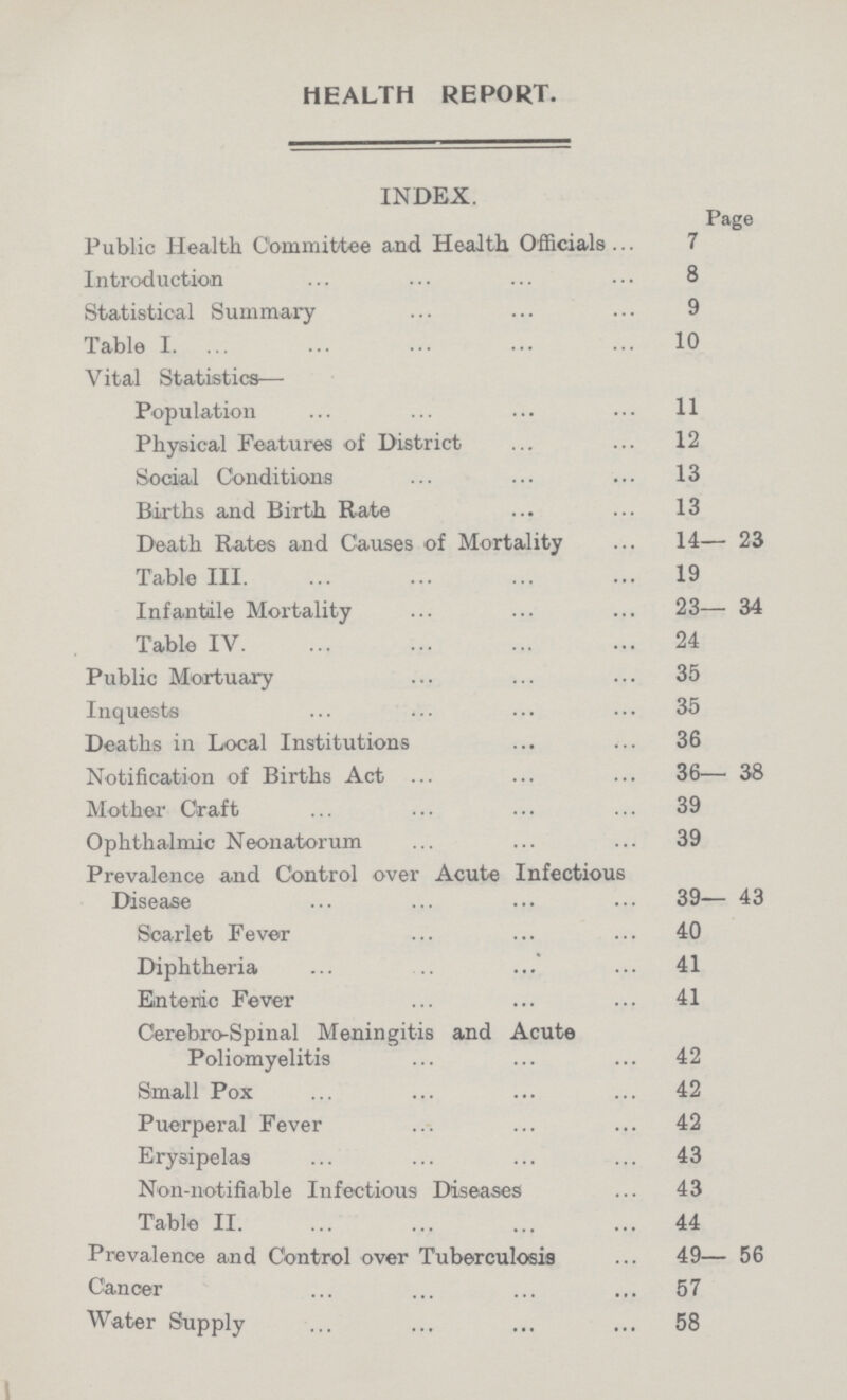 HEALTH REPORT. INDEX. Page Public Health Committee and Health Officials Introduction Statistical Summary Table I. Vital Statistics— Population Physical Features of District Social Conditions Births and Birth Rate Death Rates and Causes of Mortality Table III. Infantile Mortality Table IV. Public Mortuary Inquests Deaths in Local Institutions Notification of Births Act Mother Craft Ophthalmic Neonatorum Prevalence and Control over Acute Infectious Disease Scarlet Fever Diphtheria Enteric Fever Cerebro-Spinal Meningitis and Acute Poliomyelitis Small Pox Puerperal Fever Erysipelas Non-notifiable Infectious Diseases Table II. Prevalence and Control over Tuberculosis Cancer Water Supply Page 7 8 9 10 11 12 13 13 14— 23 19 23— 34 24 35 35 36 36— 38 39 39 39— 43 40 41 41 42 42 42 43 43 44 49— 56 57 58