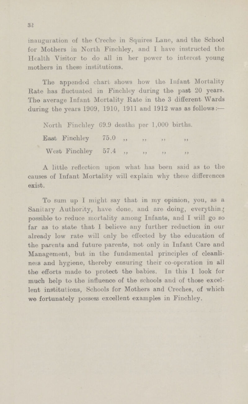 31 inauguration of the Creche in Squires Lane, and the School for Mothers in North Finchley, and I have instructed the Health Visitor to do all in her power to interest young mothers in these institutions. The appended chart shows how the Infant Mortality Rate has fluctuated in Finchley during the past 20 years. The average Infant Mortality Rate in the 3 different Wards during the years 1909, 1910, 1911 and 1912 was as follows:— North Finchley 69.9 deaths per 1,000 births. East Finchley 75.0 „ „ „ „ West Finchley 57.4 „ „ „ „ A little reflection upon what has been said as to the causes of Infant Mortality will explain why these differences exist. To sum up I might say that in my opinion, you, as a Sanitary Authority, have done, and are doing, everything possible to reduce mortality among Infants, and I will go so far as to state that I believe any further reduction in our already low rate will only be effected by the education of the parents and future parents, not only in Infant Care and Management, but in the fundamental principles of cleanli ness and hygiene, thereby ensuring their co-operation in all the efforts made to protect the babies. In this I look for much help to the influence of the schools and of those excel lent institutions, Schools for Mothers and Creches, of which we fortunately possess excellent examples in Finchley.