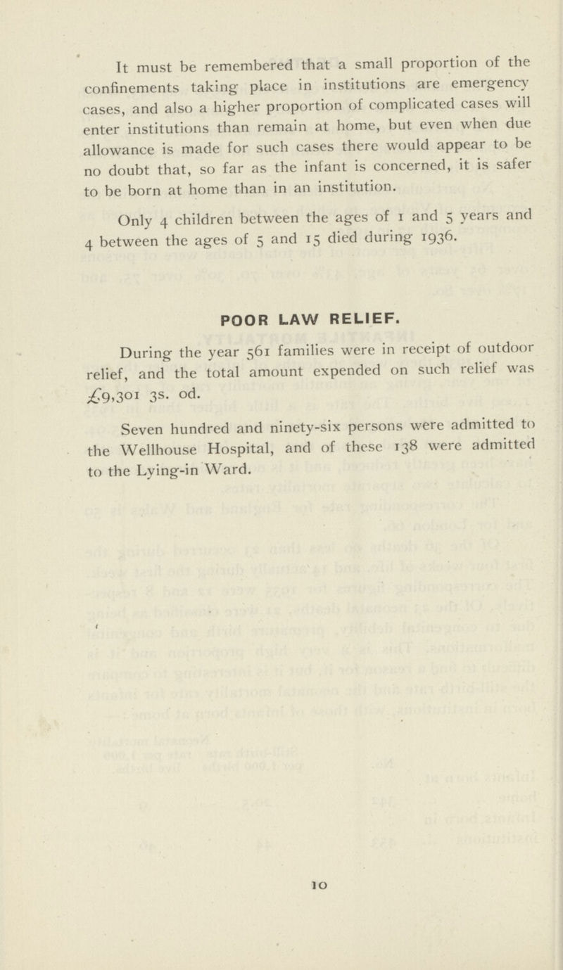 It must be remembered that a small proportion of the confinements taking place in institutions are emergency cases, and also a higher proportion of complicated cases will enter institutions than remain at home, but even when due allowance is made for such cases there would appear to be no doubt that, so far as the infant is concerned, it is safer to be born at home than in an institution. Only 4 children between the ages of 1 and 5 years and 4 between the ages of 5 and 15 died during 1936. POOR LAW RELIEF. During the year 561 families were in receipt of outdoor relief, and the total amount expended on such relief was £9,3013s. od. Seven hundred and ninety-six persons were admitted to the Wellhouse Hospital, and of these T38 were admitted to the Lying-in Ward. 10