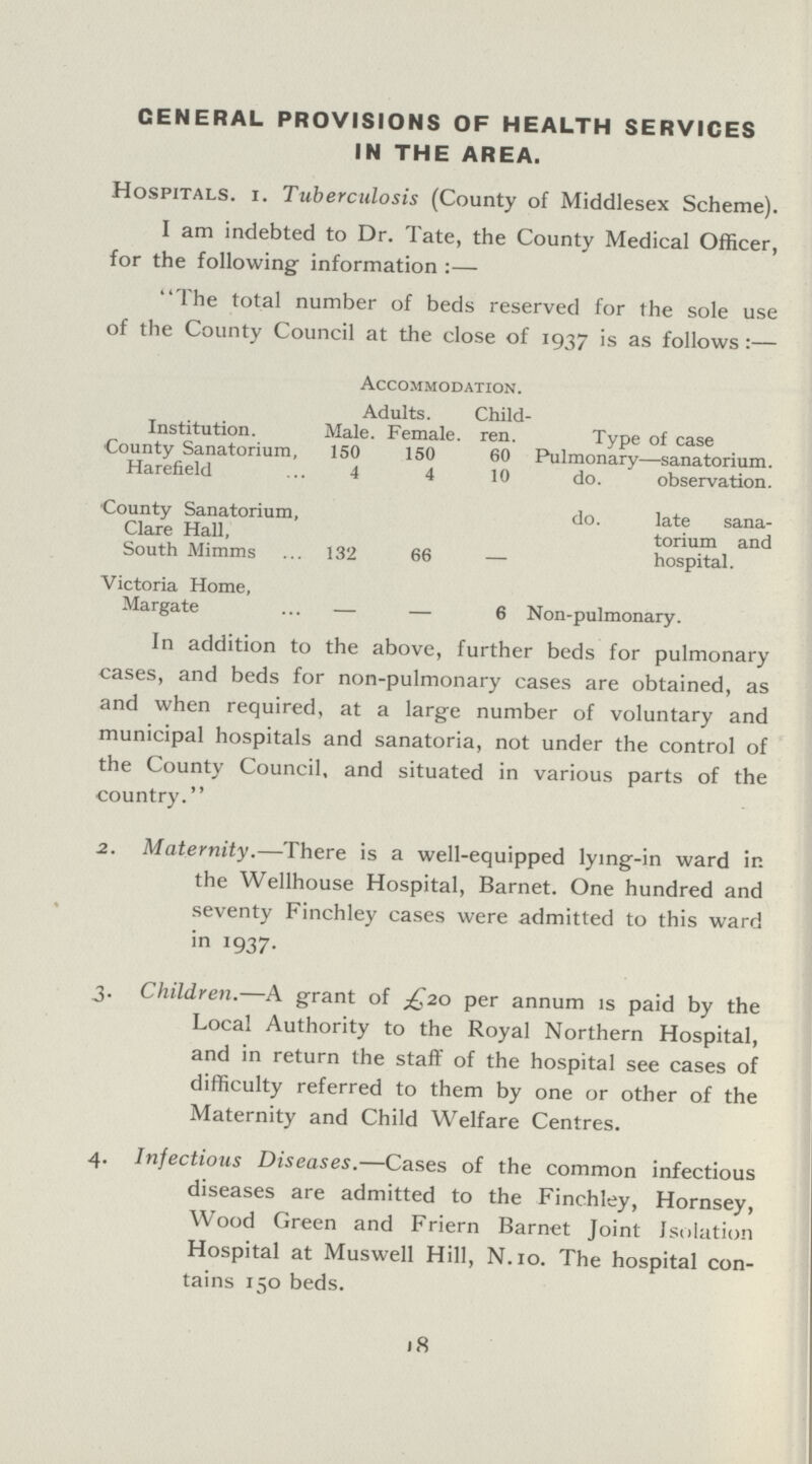 GENERAL PROVISIONS OF HEALTH SERVICES IN THE AREA. Hospitals, i. Tuberculosis (County of Middlesex Scheme). I am indebted to Dr. Tate, the County Medical Officer, for the following information:— The total number of beds reserved for the sole use of the County Council at the close of 1937 is as follows:— Accommodation. Institution. Adults. Child ren. Type of case Male. Female. County Sanatorium, Harefield 150 150 60 Pulmonary—sanatorium. 4 4 10 do. observation. County Sanatorium, Clare Hall, South Mimms 132 66 - do. late sana torium and hospital. Victoria Home, Margate - - 6 Non-pulmonary. In addition to the above, further beds for pulmonary cases, and beds for non-pulmonary cases are obtained, as and when required, at a large number of voluntary and municipal hospitals and sanatoria, not under the control of the County Council, and situated in various parts of the country. 2. Maternity.—There is a well-equipped lying-in ward in the Wellhouse Hospital, Barnet. One hundred and seventy Finchley cases were admitted to this ward in 1937. 3. Children.—A grant of £20 per annum is paid by the Local Authority to the Royal Northern Hospital, and in return the staff of the hospital see cases of difficulty referred to them by one or other of the Maternity and Child Welfare Centres. 4. Infectious Diseases.—Cases of the common infectious diseases are admitted to the Finchley, Hornsey, Wood Green and Friern Barnet Joint Isolation Hospital at Muswell Hill, N.10. The hospital con tains 150 beds. 18