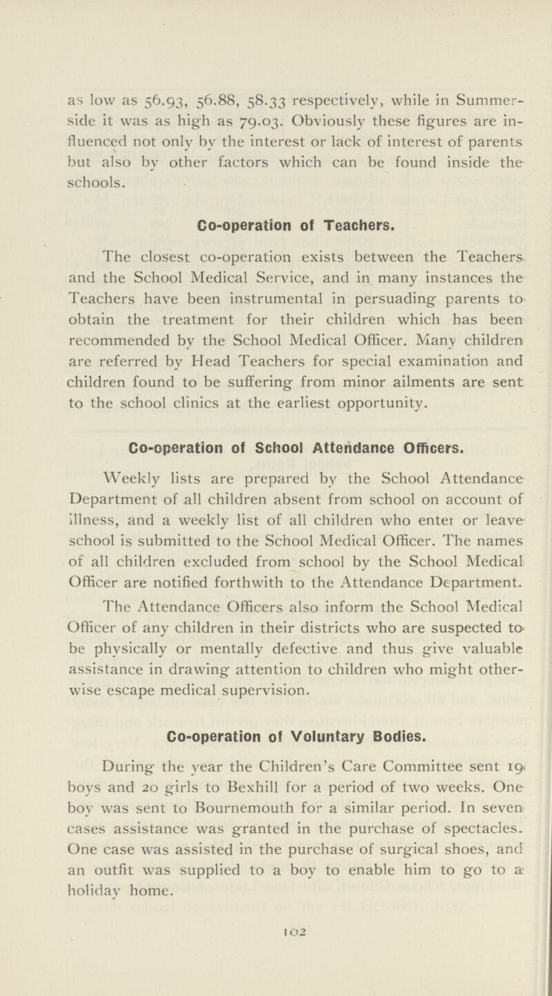 as low as 56.93, 56.88, 58.33 respectively, while in Summer side it was as high as 79.03. Obviously these figures are in fluenced not only by the interest or lack of interest of parents but also by other factors which can be found inside the schools. Co-operation of Teachers. The closest co-operation exists between the Teachers and the School Medical Service, and in many instances the Teachers have been instrumental in persuading parents to obtain the treatment for their children which has been recommended by the School Medical Officer. Many children are referred by Head Teachers for special examination and children found to be suffering from minor ailments are sent to the school clinics at the earliest opportunity. Co-operation of School Attendance Officers. Weekly lists are prepared by the School Attendance Department of all children absent from school on account of illness, and a weekly list of all children who enter or leave school is submitted to the School Medical Officer. The names of all children excluded from school by the School Medical Officer are notified forthwith to the Attendance Department. The Attendance Officers also inform the School Medical Officer of any children in their districts who are suspected to be physically or mentally defective and thus give valuable assistance in drawing- attention to children who might other wise escape medical supervision. Co-operation of Voluntary Bodies. During the year the Children's Care Committee sent 19 boys and 20 girls to Bexhill for a period of two weeks. One boy was sent to Bournemouth for a similar period. In seven cases assistance was granted in the purchase of spectacles. One case was assisted in the purchase of surgical shoes, and an outfit was supplied to a boy to enable him to go to a holiday home. 102