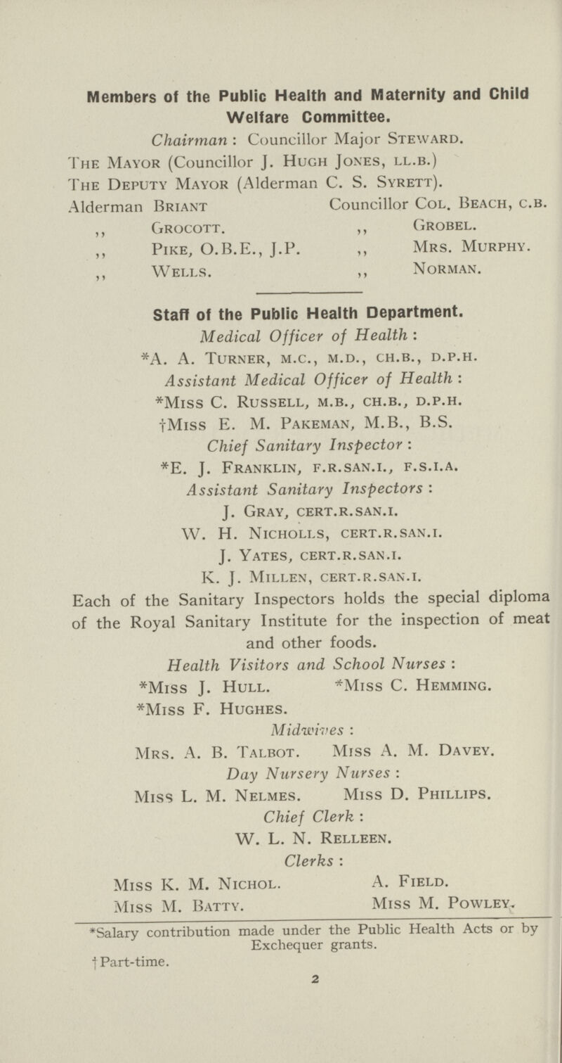 Members of the Public Health and Maternity and Child Welfare Committee. Chairman: Councillor Major Steward. The Mayor (Councillor J. Hugh Joxes, ll.b.) The Deputy Mayor (Alderman C. S. Syrett). Alderman Briant Councillor Col. Beach, c.b. „ Grocott. „ Grobel. „ Pike, O.B.E., J.P. „ Mrs. Murphy. „ Wells. „ Norman. Staff of the Public Health Department. Medical Officer of Health: *A. A. Turner, m.c., m.d., ch.b., d.p.h. Assistant Medical Officer of Health: *Miss C. Russell, m.b., ch.b., d.p.h. †Miss E. M. Pakeman, M.B., B.S. Chief Sanitary Inspector: *E. J. Franklin, f.r.san.i., f.s.i.a. Assistant Sanitary Inspectors: J. Gray, cert.r.san.i. W. H. Nicholls, cert.r.san.i. J. Yates, cert.r.san.i. K. J. Millen, cert.r.san.i. Each of the Sanitary Inspectors holds the special diploma of the Royal Sanitary Institute for the inspection of meat and other foods. Health Visitors and School Nurses: *Miss J. Hull. *Miss C. Hemming. *Miss F. Hughes. Midwives: Mrs. A. B. Talbot. Miss A. M. Davey. Day Nursery Nurses: Miss L. M. Nelmes. Miss D. Phillips. Chief Clerk: W. L. N. Relleen. Clerks: Miss K. M. Nichol. A. Field. Miss M. Batty. Miss M. Powley. *Salary contribution made under the Public Health Acts or by Exchequer grants. † Part-time. 2