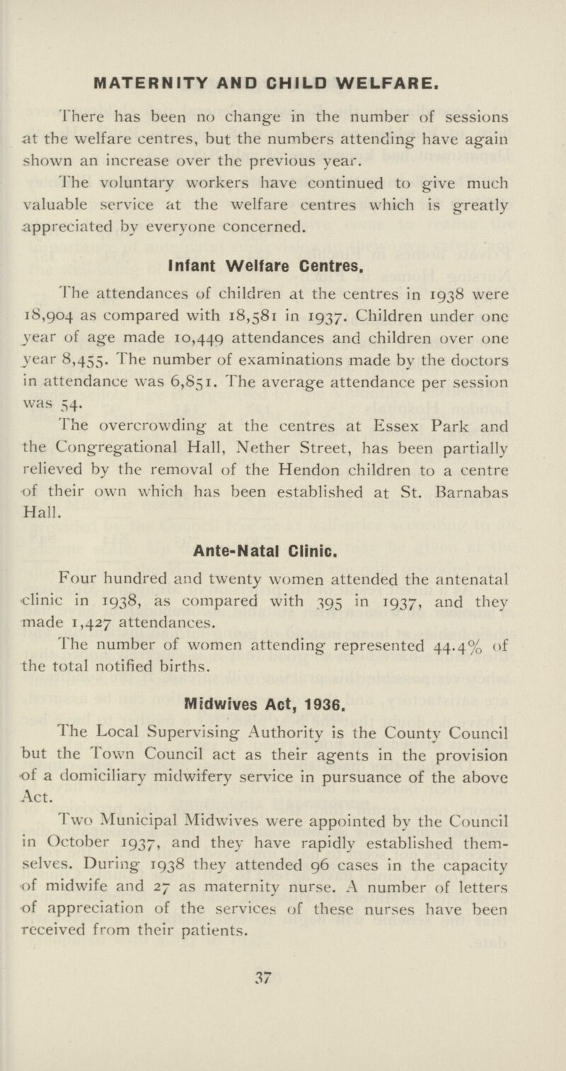 MATERNITY AND CHILD WELFARE. There has been no change in the number of sessions at the welfare centres, but the numbers attending have again shown an increase over the previous year. The voluntary workers have continued to give much valuable service at the welfare centres which is greatly appreciated by everyone concerned. Infant Welfare Centres. The attendances of children at the centres in 1938 were 18,904 as compared with 18,581 in 1937. Children under one year of age made 10,449 attendances and children over one year 8,455. The number of examinations made by the doctors in attendance was 6,851. The average attendance per session was 54. The overcrowding at the centres at Essex Park and the Congregational Hall, Nether Street, has been partially relieved by the removal of the Hendon children to a centre of their own which has been established at St. Barnabas Hall. Ante-Natal Clinic. Four hundred and twenty women attended the antenatal •clinic in 1938, as compared with 395 in 1937, and they made 1,427 attendances. The number of women attending represented 44.4% of the total notified births. Midwives Act, 1936. The Local Supervising Authority is the County Council but the Town Council act as their agents in the provision of a domiciliary midwifery service in pursuance of the above Act. 'Two Municipal Midwives were appointed by the Council in October 1937, and they have rapidly established them selves. During 1938 they attended 96 cases in the capacity of midwife and 27 as maternity nurse. A number of letters of appreciation of the services of these nurses have been received from their patients. 37