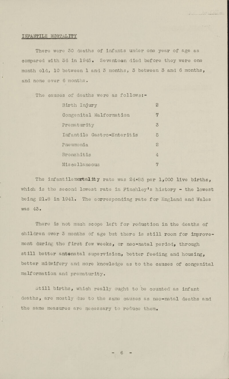 INFANTILE MORTALITY There were 30 deaths of infants under one year of age as compared with 36 in 1945. Seventeen died before they were one month old, 10 between 1 and 3 months, 3 between 3 and 6 months, and none over 6 months. The causes of deaths were as follows:- Birth Injury 2 Congenital Malformation 7 Prematurity 3 Infantile Gastro-Enteritis 5 Pneumonia 2 Bronchitis 4 Miscellaneous 7 The infantile mortality rate was 24.85 per 1,000 live births, which is the second lowest rate in Finchley's history- the lowest being 21.8 in 1941. The corresponding rate for England and Wales was 43. There is not much scope left for reduction in the deaths of children over 3 months of age but there is still room for improve ment during the first few weeks, or neo-natal period, through still better antenatal supervision, better feeding and housing, better midwifery and more knowledge as to the causes of congenital malformation and prematurity. still births, which really ought to be counted as infant deaths, are mostly due to the same causes as neo-natal deaths and the same measures are necessary to reduce them. -6-