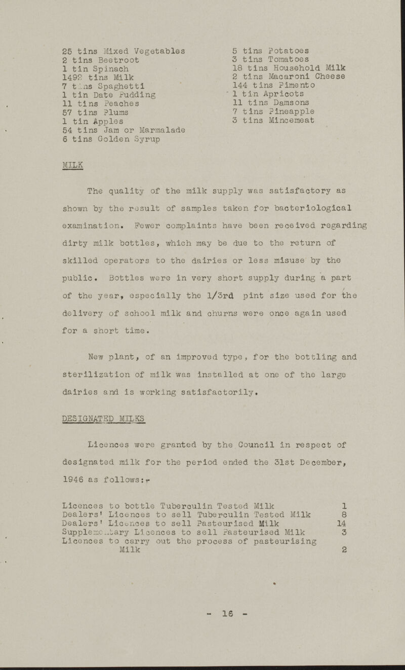 25 tins Mixed Vegetables 5 tins Potatoes 2 tins Beetroot 3 tins Tomatoes 1 tin Spinach 18 tins Household Milk 1492 tins Milk 2 tins Macaroni Cheese 7 tins Spaghetti 144 tins Pimento 1 tin Date Pudding 1 tin Apricots 11 tins Peaches 11 tins Damsons 57 tins Plums 7 tins Pineapple 1 tin Apples 3 tins Mincemeat 54 tins Jam or Marmalade 6 tins Golden Syrup MILK The quality of the milk supply was satisfactory as shown by the result of samples taken for bacteriological examination. Fewer complaints have been received regarding dirty milk bottles, which may be due to the return of skilled operators to the dairies or less misuse by the public. Bottles were in very short supply during a part of the year, especially the l/3rd pint size used for the delivery of school milk and churns were once again used for a short time. New plant, of an improved type, for the bottling and sterilization of milk was Installed at one of the large dairies and Is working satisfactorily. DESIGNATED MILKS Licences were granted by the Council In respect of designated milk for the period ended the 31st December, 1946 as follows:- Licences to bottle Tuberculin Tested Milk 1 Dealers' Licences to sell Tuberculin Tested Milk 8 Dealers' Licences to sell Pasteurised Milk 14 Supplementary Licences to sell Pasteurised Milk 3 Licences to carry out the process of pasteurising Milk 2 - 16 -