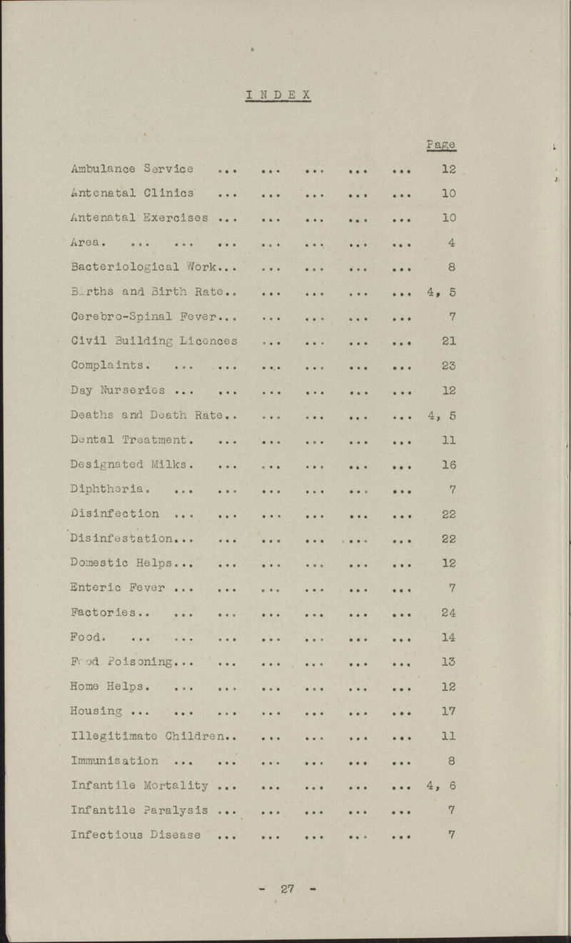 INDEX Page Ambulance Service 12 Antenatal Clinics 10 Antenatal Exercises 10 Area 4 Bacteriological Work 8 Births and Birth Rate 4, 5 Cerebro-Spinal Fever 7 Civil Building Licences 21 Complaints 23 Day Nurseries 12 Deaths and Death Rate 4,5 Dental Treatment 11 Designated Milks 16 Diphtheria 7 Disinfection 22 Disinfestation 22 Domestic Helps 12 Enteric Fever 7 Factories 24 Food 14 Food Poisoning 13 Home Helps 12 Housing 17 Illegitimate Children 11 Immunisation 8 Infantile Mortality 4,6 Infantile Paralysis 7 Infectious Disease 7 - 27 -