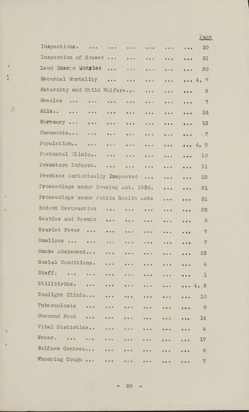 Page Inspections 20 Inspection of Houses 21 Land Charge Quaries 20 Maternal Mortality 4,7 Maternity and Child Welfare 9 Measles 7 Milk 10 Mortuary 13 Pneumonia 7 Population 3 Postnatal Clinic 10 Premature Infants n Premises Periodically Inspected 23 Proceedings under Housing Act, 1936 21 Proceedings under Public Health Acts 21 Rodent Destruction 25 Scabies and Vermin 9 Scarlet Fever 7 Smallpox 7 Smoke Abatement 23 Social Conditions 4 Staff 1 Stillbirths 4,5 Sunlight Clinic 10 Tuberculosis 8 Unsound Food 14 Vital Statistics 4 Water 17 Welfare Centres 9 Whooping Cough 7 - 28 -