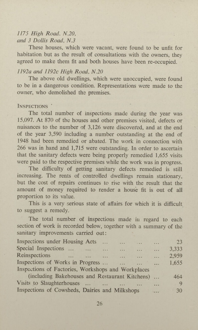 1175 High Road. N.20, and 3 Dollis Road, N.3 These houses, which were vacant, were found to be unfit for habitation but as the result of consultations with the owners, they agreed to make them fit and both houses have been re-occupied. 1192a and 1192c High Road, N.20 The above old dwellings, which were unoccupied, were found to be in a dangerous condition. Representations were made to the owner, who demolished the premises. Inspections The total number of inspections made during the year was 15,097. At 870 of the houses and other premises visited, defects or nuisances to the number of 3,126 were discovered, and at the end of the year 3,590 including a number outstanding at the end of 1948 had been remedied or abated. The work in connection with 266 was in hand and 1,715 were outstanding. In order to ascertain that the sanitary defects were being properly remedied 1,655 visits were paid to the respective premises while the work was in progress. The difficulty of getting sanitary defects remedied is still increasing. The rents of controlled dwellings remain stationary, but the cost of repairs continues to rise with the result that the amount of money required to render a house fit is out of all proportion to its value. This is a very serious state of affairs for which it is difficult to suggest a remedy. The total number of inspections made in regard to each section of work is recorded below, together with a summary of the sanitary improvements carried out: Inspections under Housing Acts 23 Special Inspections 3,333 Reinspections 2,959 Inspections of Works in Progress 1,655 Inspections of Factories, Workshops and Workplaces (including Bakehouses and Restaurant Kitchens) 464 Visits to Slaughterhouses 9 Inspections of Cowsheds, Dairies and Milkshops 30 26