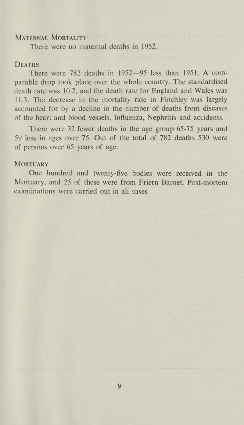 Maternal Mortality There were no maternal deaths in 1952. Deaths There were 782 deaths in 1952—95 less than 1951. A com parable drop took place over the whole country. The standardised death rate was 10.2, and the death rate for England and Wales was 11.3. The decrease in the mortality rate in Finchley was largely accounted for by a decline in the number of deaths from diseases of the heart and blood vessels. Influenza, Nephritis and accidents. There were 32 fewer deaths in the age group 65-75 years and 59 less in ages over 75. Out of the total of 782 deaths 530 were of persons over 65 years of age. Mortuary One hundred and twenty-five bodies were received in the Mortuary, and 25 of these were from Friern Barnet. Post-mortem examinations were carried out in all cases 8