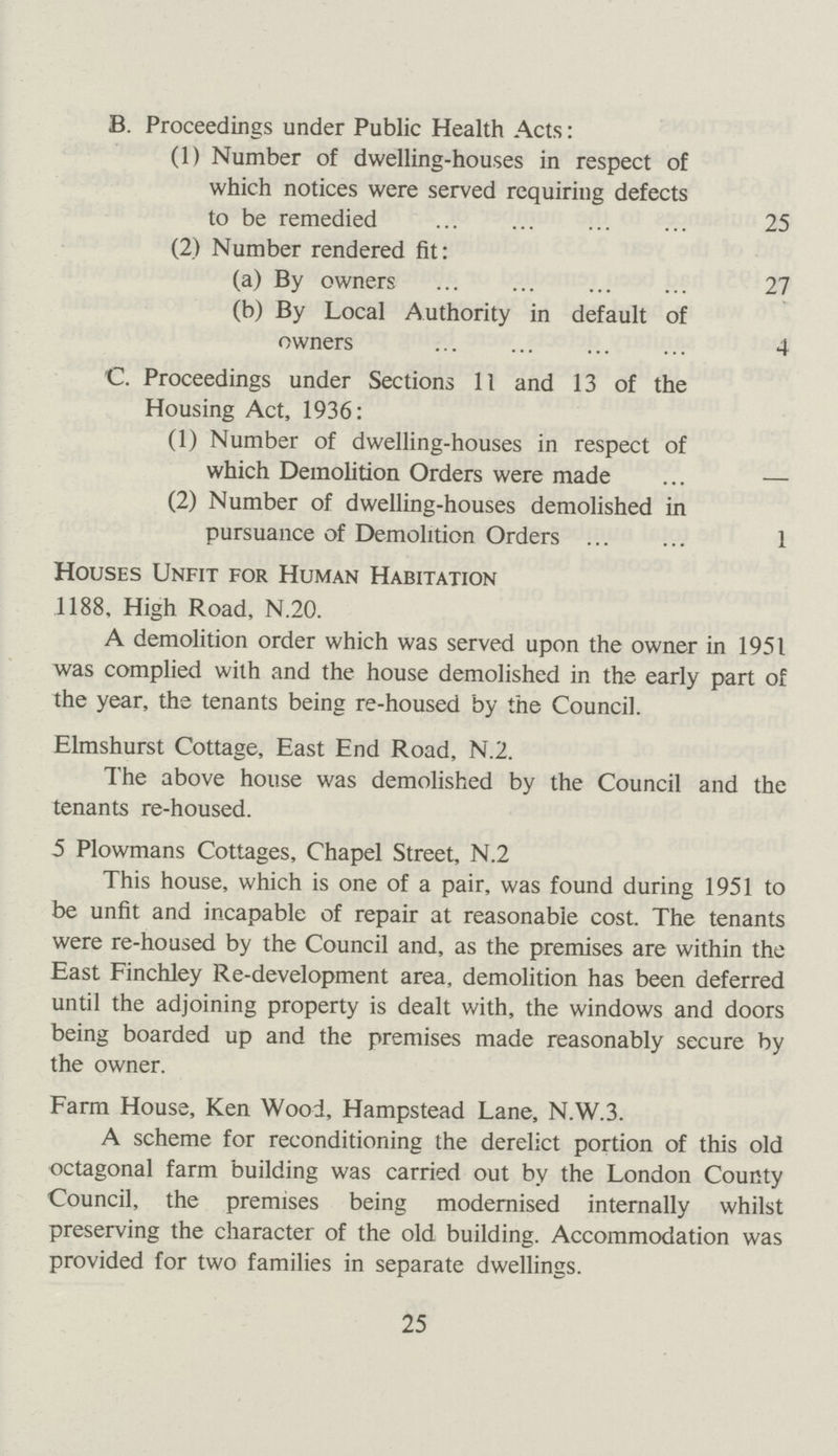 B. Proceedings under Public Health Acts: (1) Number of dwelling-houses in respect of which notices were served requiring defects to be remedied 25 (2) Number rendered fit: (a) By owners 27 (b) By Local Authority in default of owners 4 C. Proceedings under Sections 11 and 13 of the Housing Act, 1936: (1) Number of dwelling-houses in respect of which Demolition Orders were made — (2) Number of dwelling-houses demolished in pursuance of Demolition Orders 1 Houses Unfit for Human Habitation 1188, High Road, N.20. A demolition order which was served upon the owner in 1951 was complied with and the house demolished in the early part of the year, the tenants being re-housed by the Council. Elmshurst Cottage, East End Road, N.2. The above house was demolished by the Council and the tenants re-housed. 5 Plowmans Cottages, Chapel Street, N.2 This house, which is one of a pair, was found during 1951 to be unfit and incapable of repair at reasonable cost. The tenants were re-housed by the Council and, as the premises are within the East Finchley Re-development area, demolition has been deferred until the adjoining property is dealt with, the windows and doors being boarded up and the premises made reasonably secure by the owner. Farm House, Ken Wood, Hampstead Lane, N.W.3. A scheme for reconditioning the derelict portion of this old octagonal farm building was carried out by the London County Council, the premises being modernised internally whilst preserving the character of the old building. Accommodation was provided for two families in separate dwellings. 25