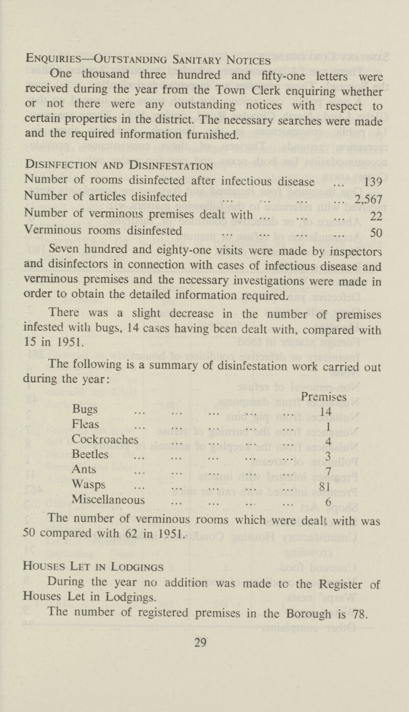 Enquiries—Outstanding Sanitary Notices One thousand three hundred and fifty-one letters were received during the year from the Town Clerk enquiring whether or not there were any outstanding notices with respect to certain properties in the district. The necessary searches were made and the required information furnished. Disinfection and Disinfestation Number of rooms disinfected after infectious disease 139 Number of articles disinfected 2,567 Number of verminous premises dealt with 22 Verminous rooms disinfested 50 Seven hundred and eighty-one visits were made by inspectors and disinfectors in connection with cases of infectious disease and verminous premises and the necessary investigations were made in order to obtain the detailed information required. There was a slight decrease in the number of premises infested with bugs, 14 cases having been dealt with, compared with 15 in 1951. The following is a summary of disinfestation work carried out during the year: Premises Bugs 14 Fleas 1 Cockroaches 4 Beetles 3 Ants 7 Wasps 81 Miscellaneous 6 The number of verminous rooms which were dealt with was 50 compared with 62 in 1951. Houses Let in Lodgings During the year no addition was made to the Register of Houses Let in Lodgings. The number of registered premises in the Borough is 78. 29