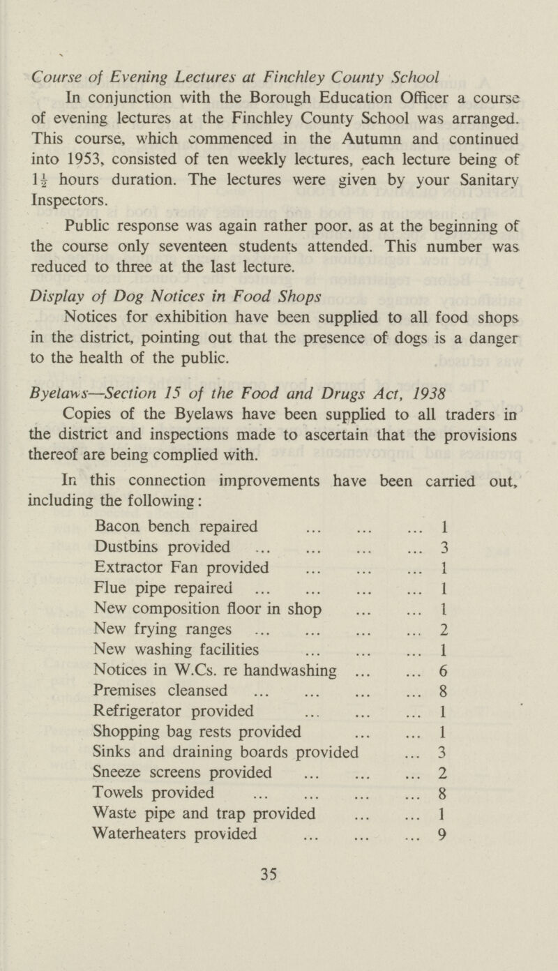 Course of Evening Lectures at Finchley County School In conjunction with the Borough Education Officer a course of evening lectures at the Finchley County School was arranged. This course, which commenced in the Autumn and continued into 1953, consisted of ten weekly lectures, each lecture being of 1½ hours duration. The lectures were given by your Sanitary Inspectors. Public response was again rather poor, as at the beginning of the course only seventeen students attended. This number was reduced to three at the last lecture. Display of Dog Notices in Food Shops Notices for exhibition have been supplied to all food shops in the district, pointing out that the presence of dogs is a danger to the health of the public. Byelaws—Section 15 of the Food and Drugs Act, 1938 Copies of the Byelaws have been supplied to all traders in the district and inspections made to ascertain that the provisions thereof are being complied with. In this connection improvements have been carried out, including the following: Bacon bench repaired 1 Dustbins provided 3 Extractor Fan provided 1 Flue pipe repaired 1 New composition floor in shop 1 New frying ranges 2 New washing facilities 1 Notices in W.Cs. re handwashing 6 Premises cleansed 8 Refrigerator provided 1 Shopping bag rests provided 1 Sinks and draining boards provided 3 Sneeze screens provided 2 Towels provided 8 Waste pipe and trap provided 1 Waterheaters provided 9 35